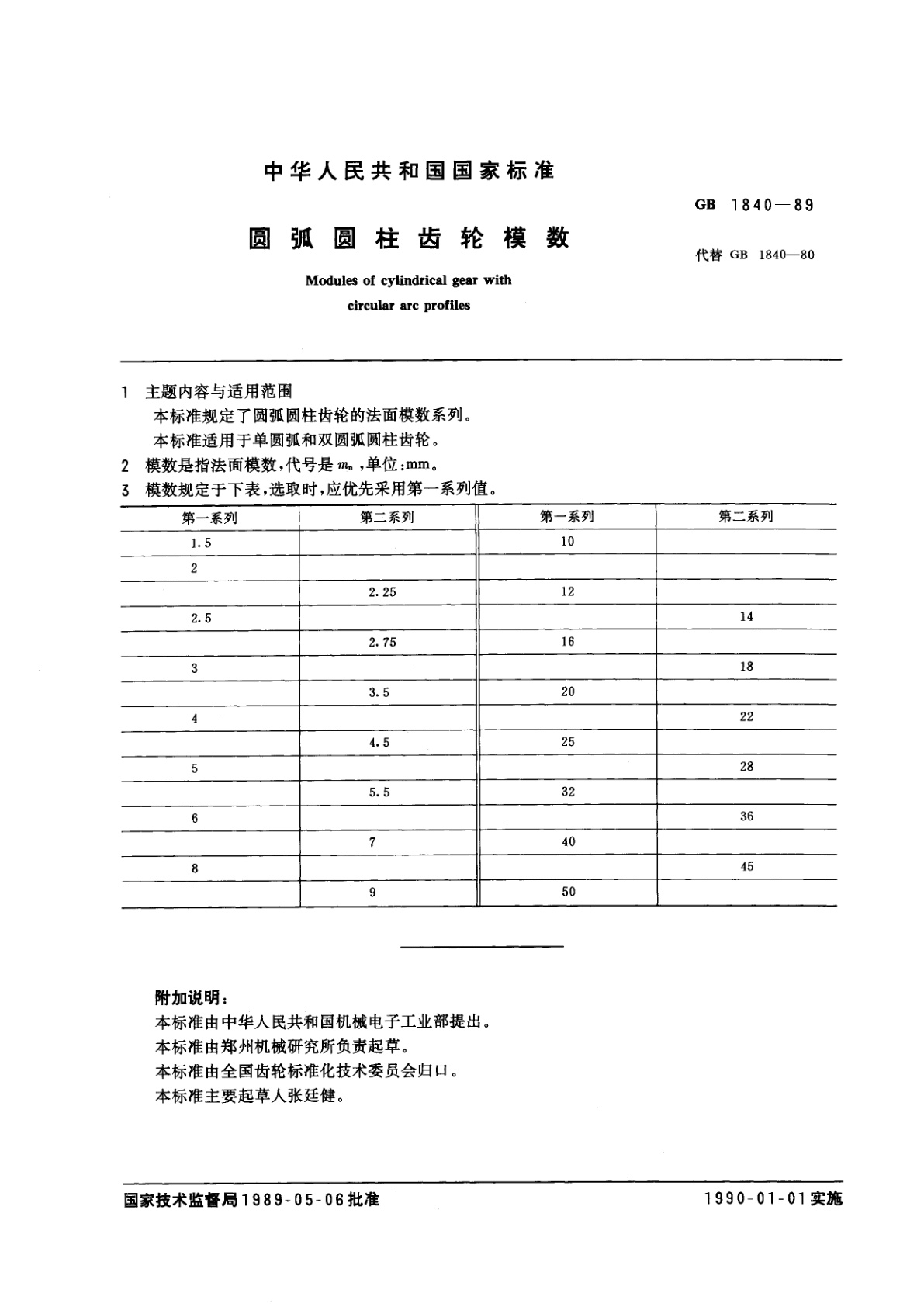 GB/T 1840-1989 圆弧圆柱齿轮模数