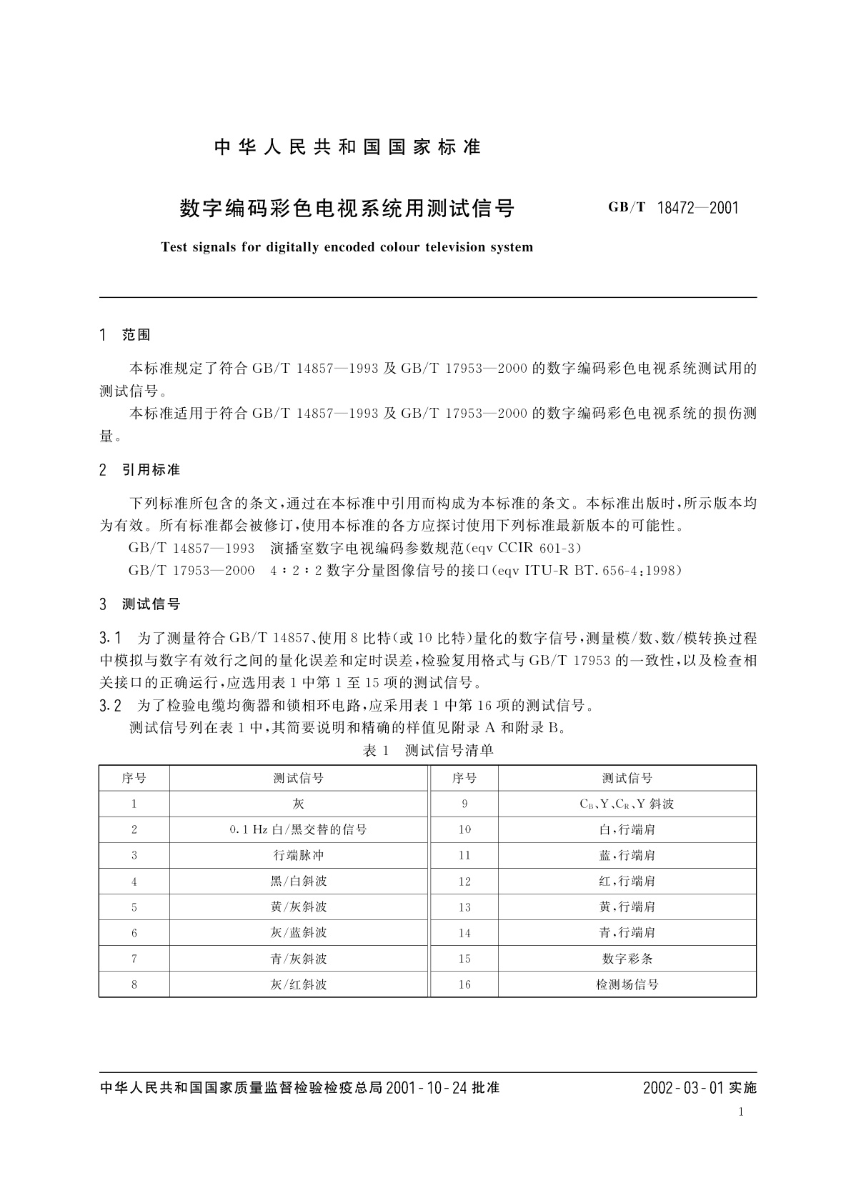 GB/T 18472-2001 数字编码彩色电视系统用测试信号