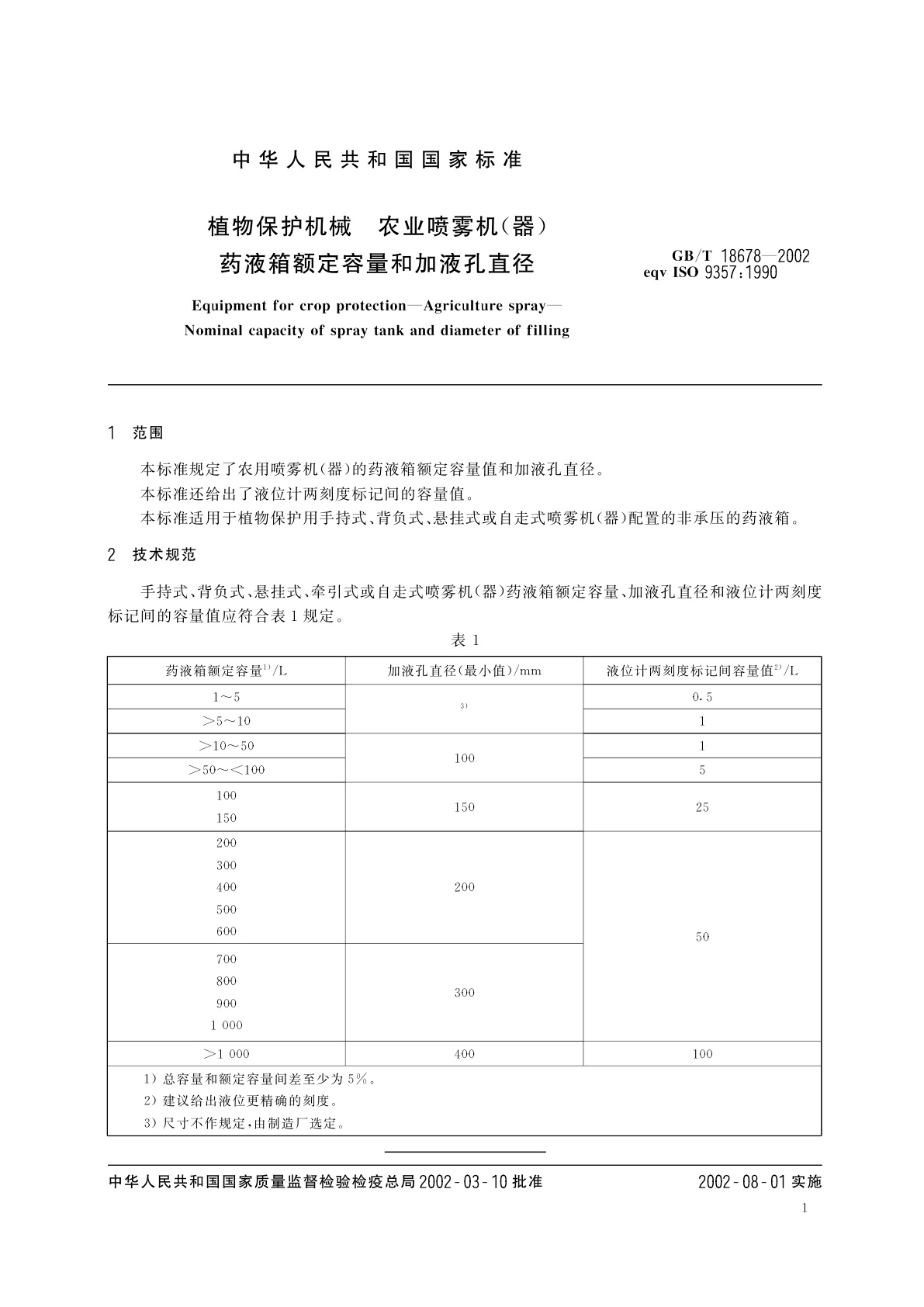 GB/T 18678-2002 植物保护机械　农业喷雾机(器)药液箱额定容量和加液孔直径