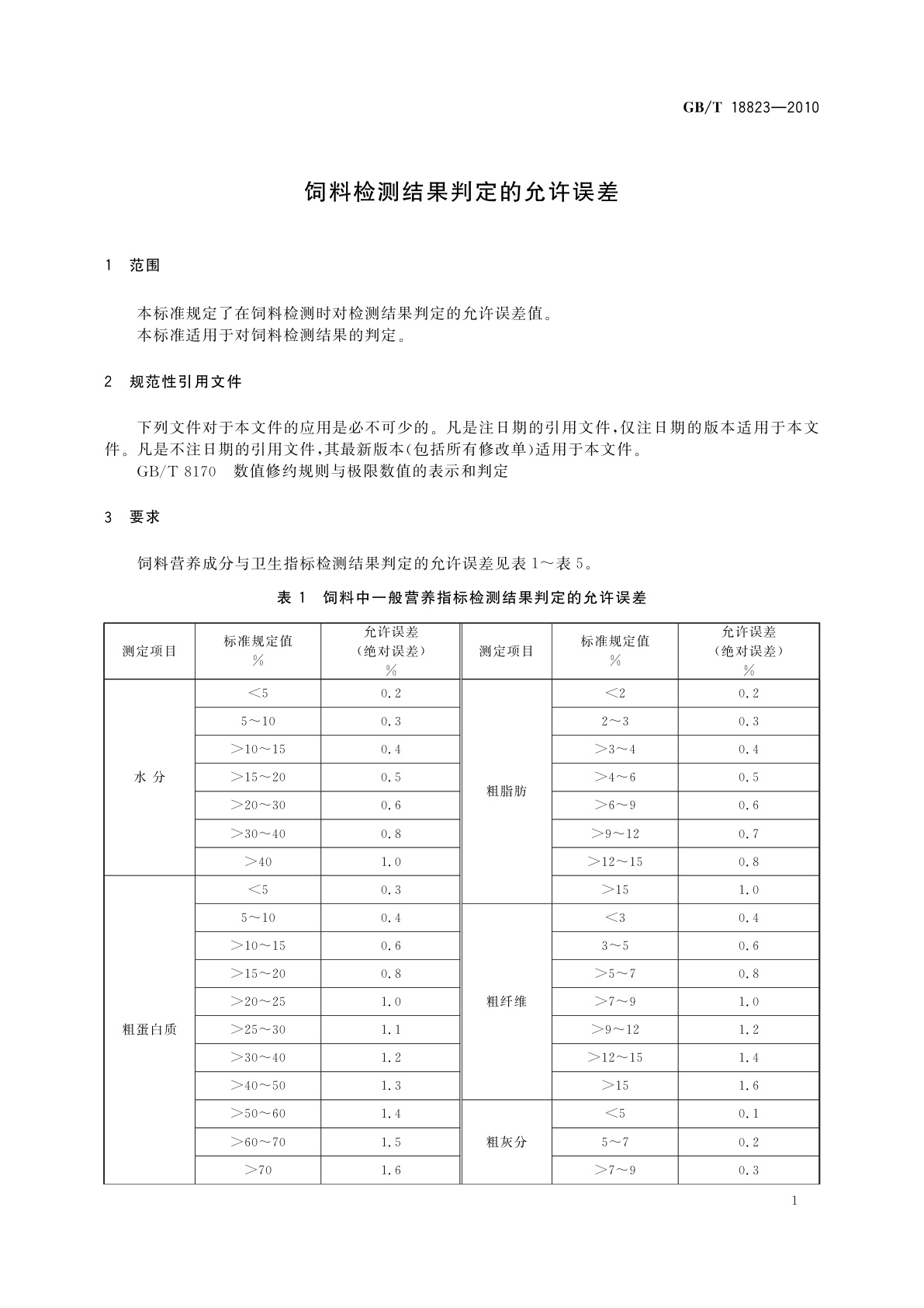 GB/T 18823-2010 饲料检测结果判定的允许误差