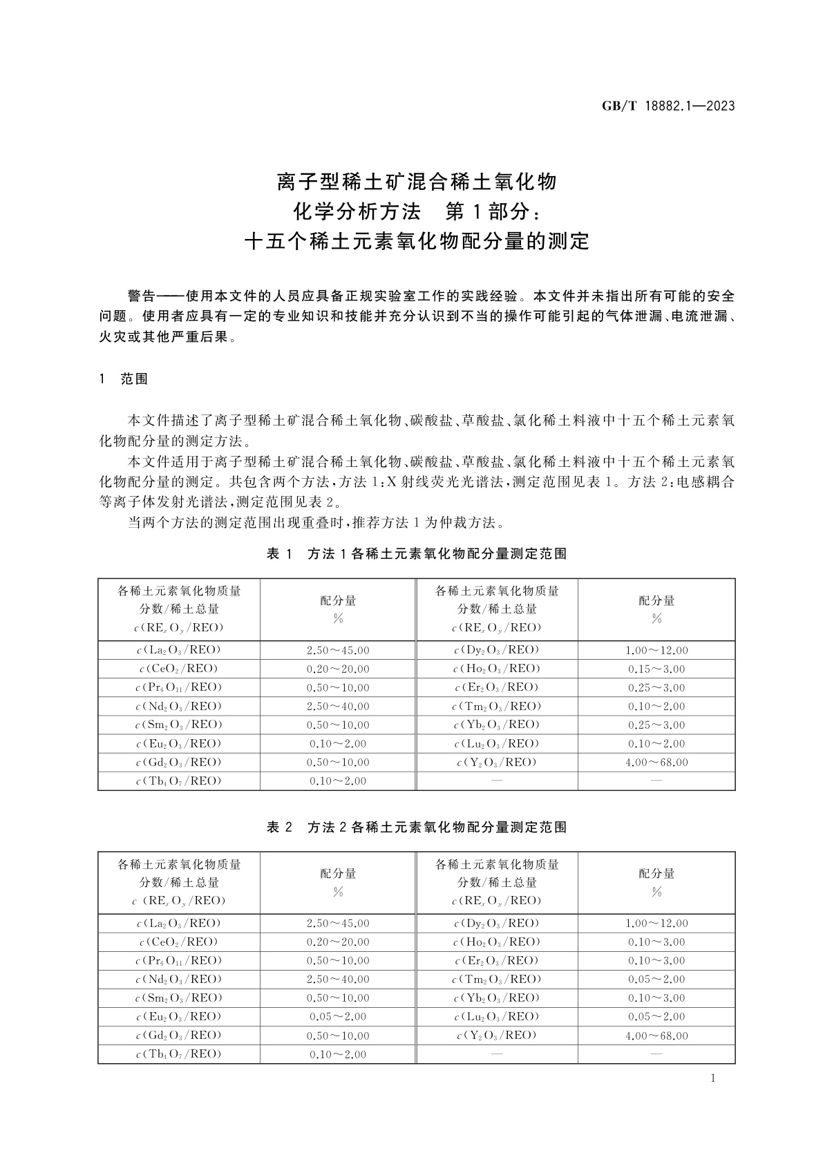 GB/T 18882.1-2023 离子型稀土矿混合稀土氧化物化学分析方法　第1部分：十五个稀土元素氧化物配分量的测定