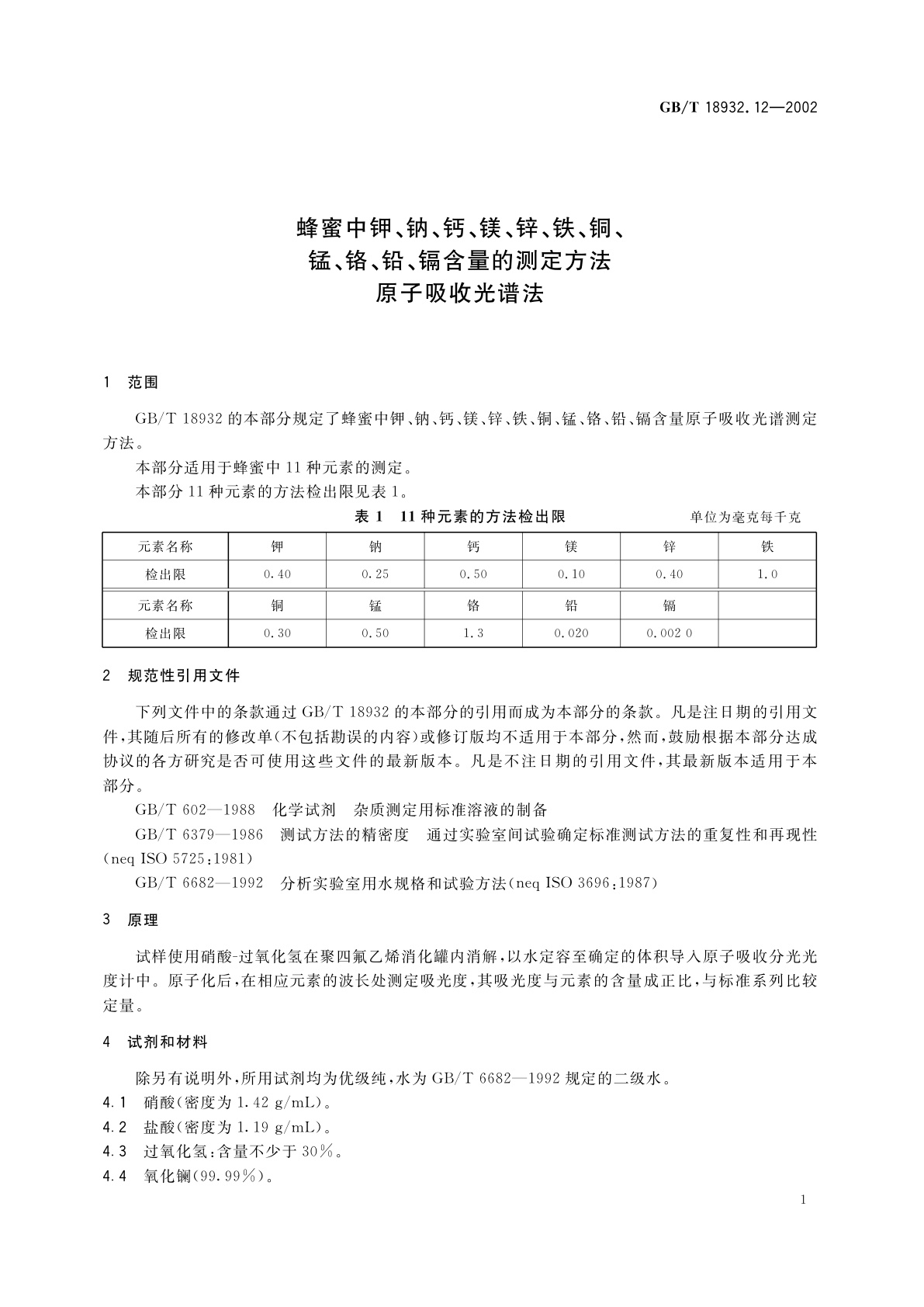GB/T 18932.12-2002 蜂蜜中钾、钠、钙、镁、锌、铁、铜、锰、铬、铅、镉含量的测定方法　原子吸收光谱法