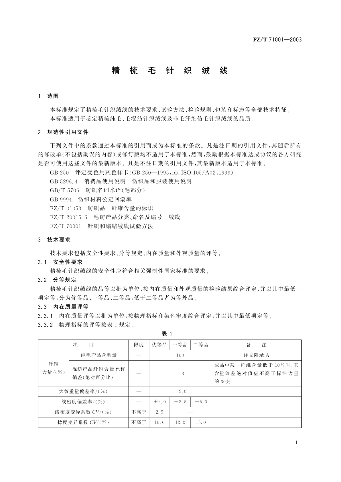 FZ/T 71001-2003 精梳毛针织绒线