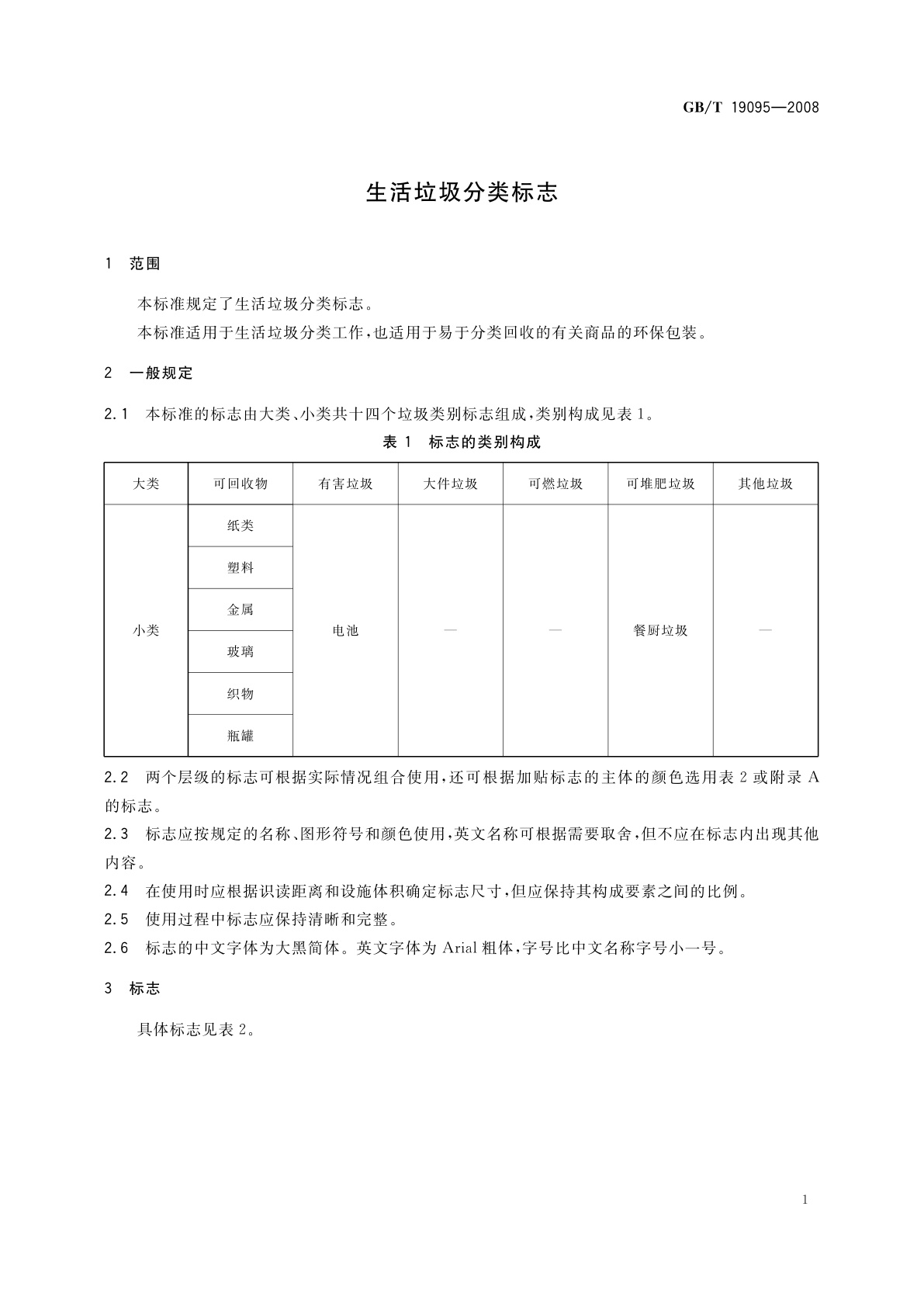GB/T 19095-2008 生活垃圾分类标志