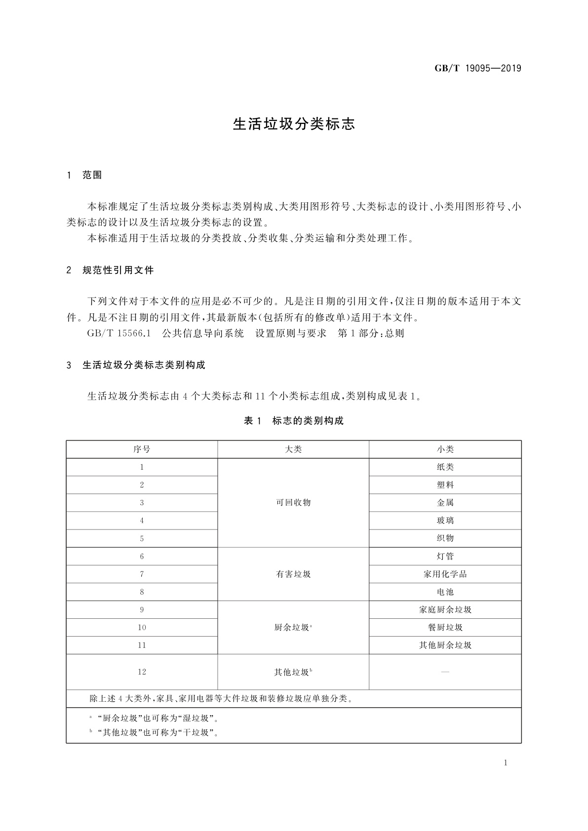 GB/T 19095-2019 生活垃圾分类标志