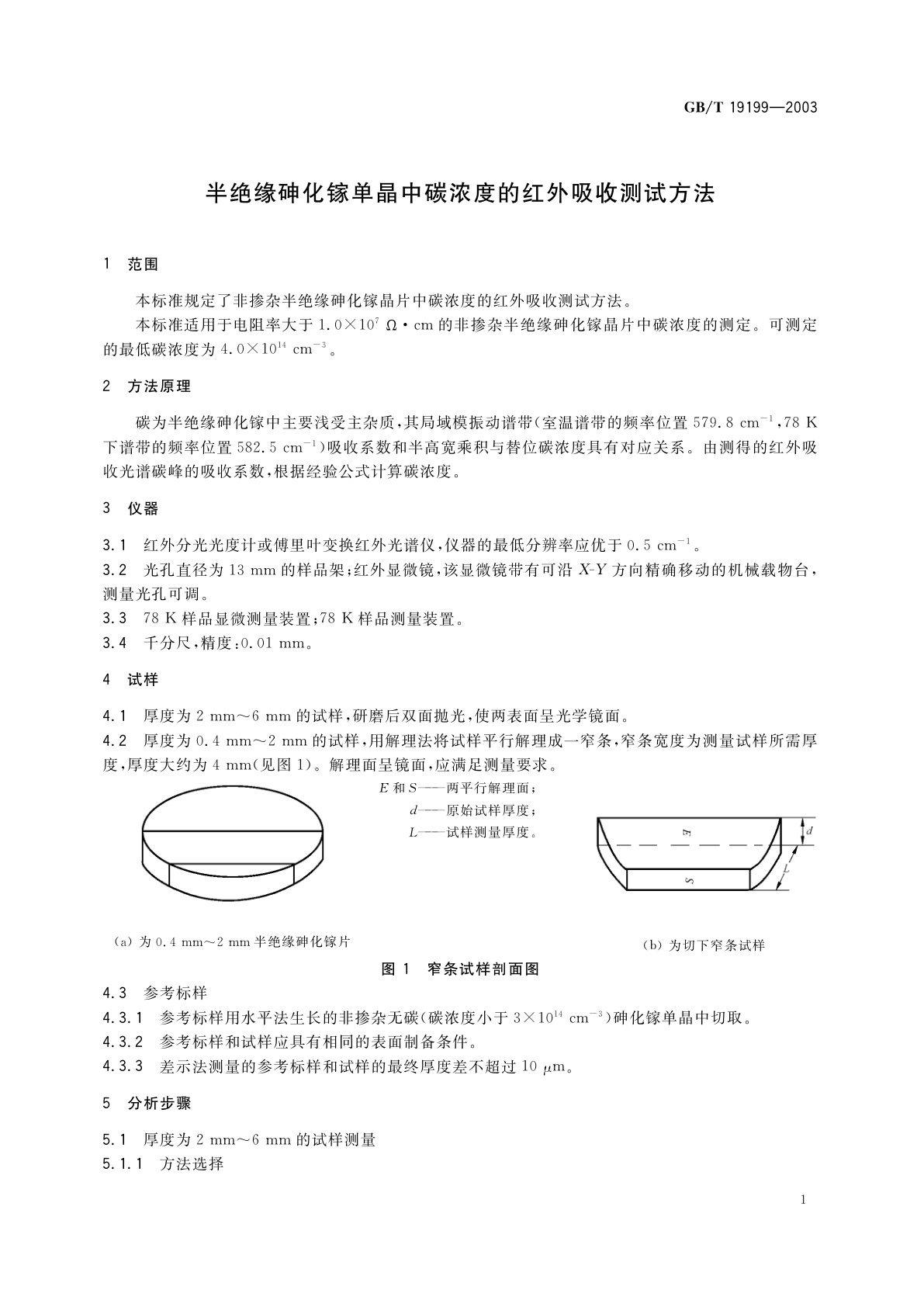 GB/T 19199-2003 半绝缘砷化镓单晶中碳浓度的红外吸收测试方法