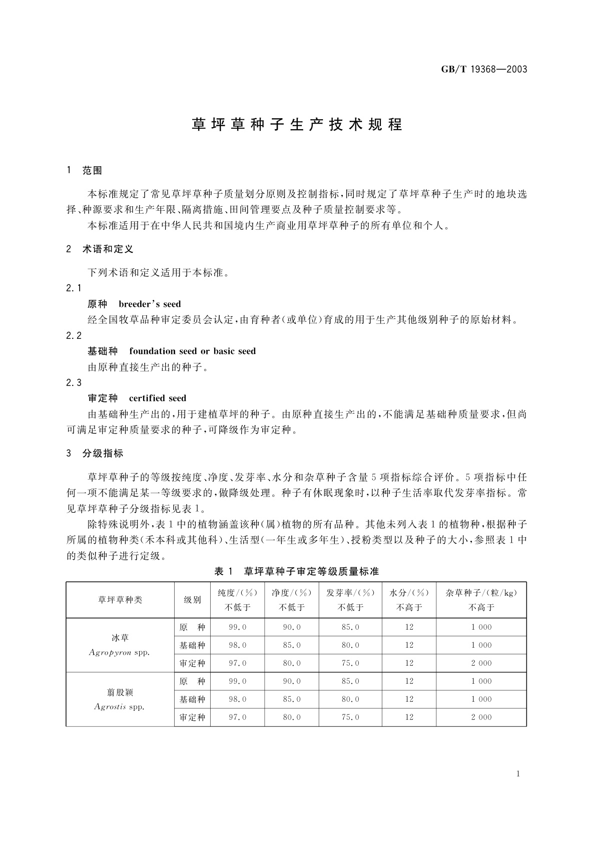 GB/T 19368-2003 草坪草种子生产技术规程