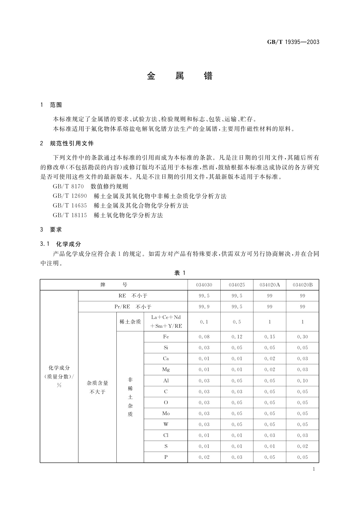 GB/T 19395-2003 金属镨
