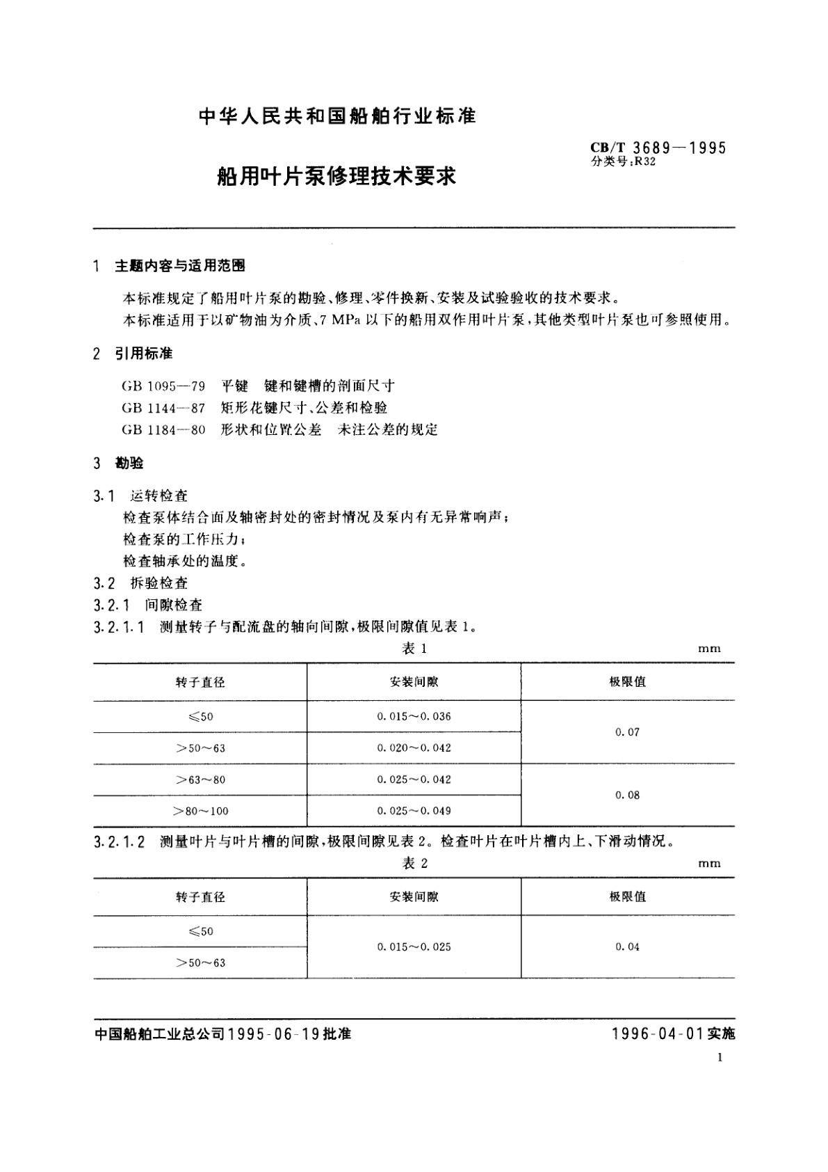 CB/T 3689-1995 船用叶片泵修理技术要求