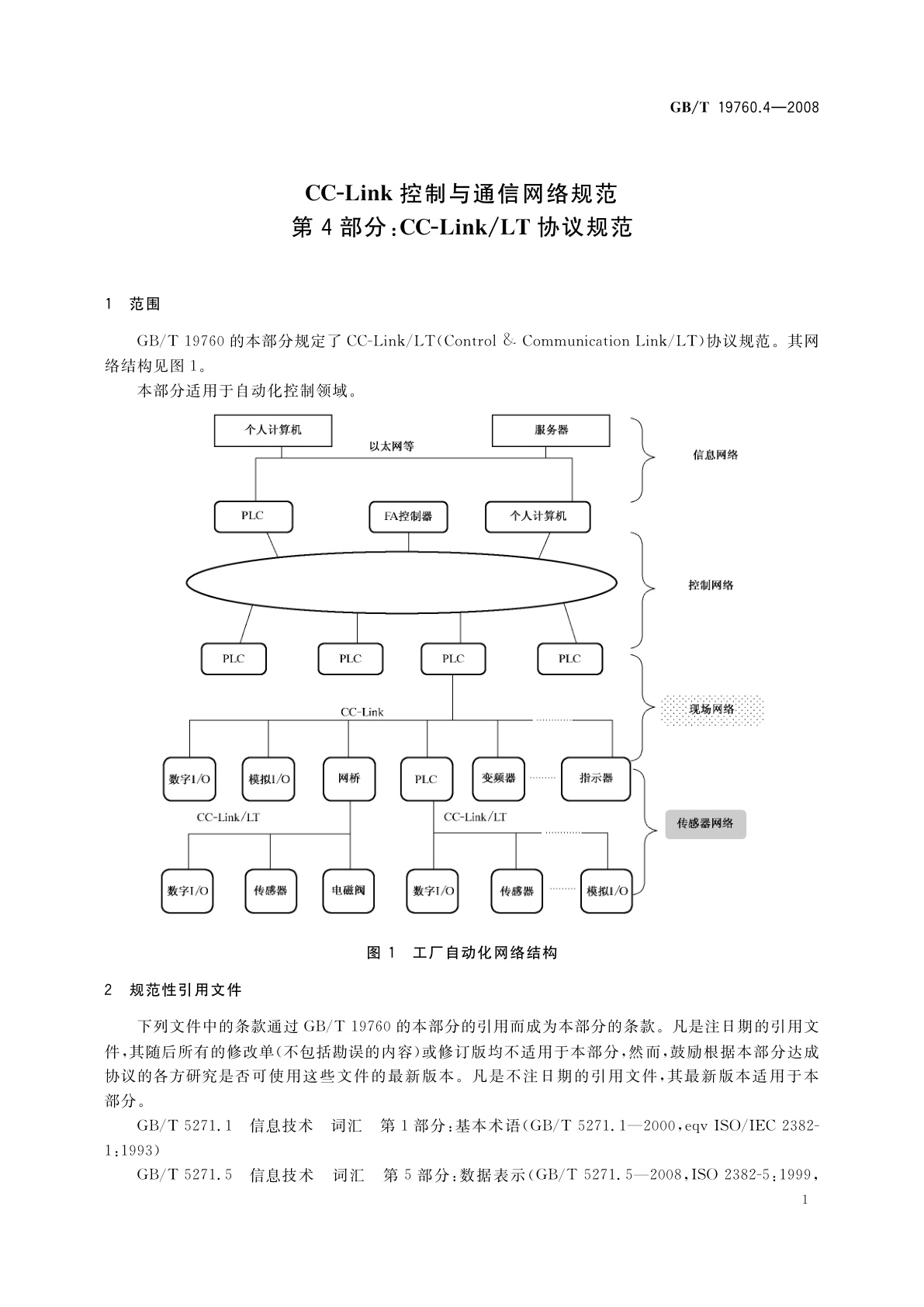 GB/T 19760.4-2008 CC-Link控制与通信网络规范　第4部分：CC-Link/LT协议规范