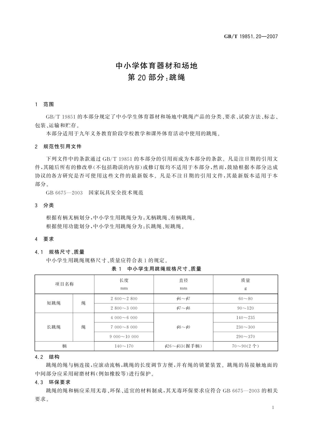 GB/T 19851.20-2007 中小学体育器材和场地　第20部分：跳绳