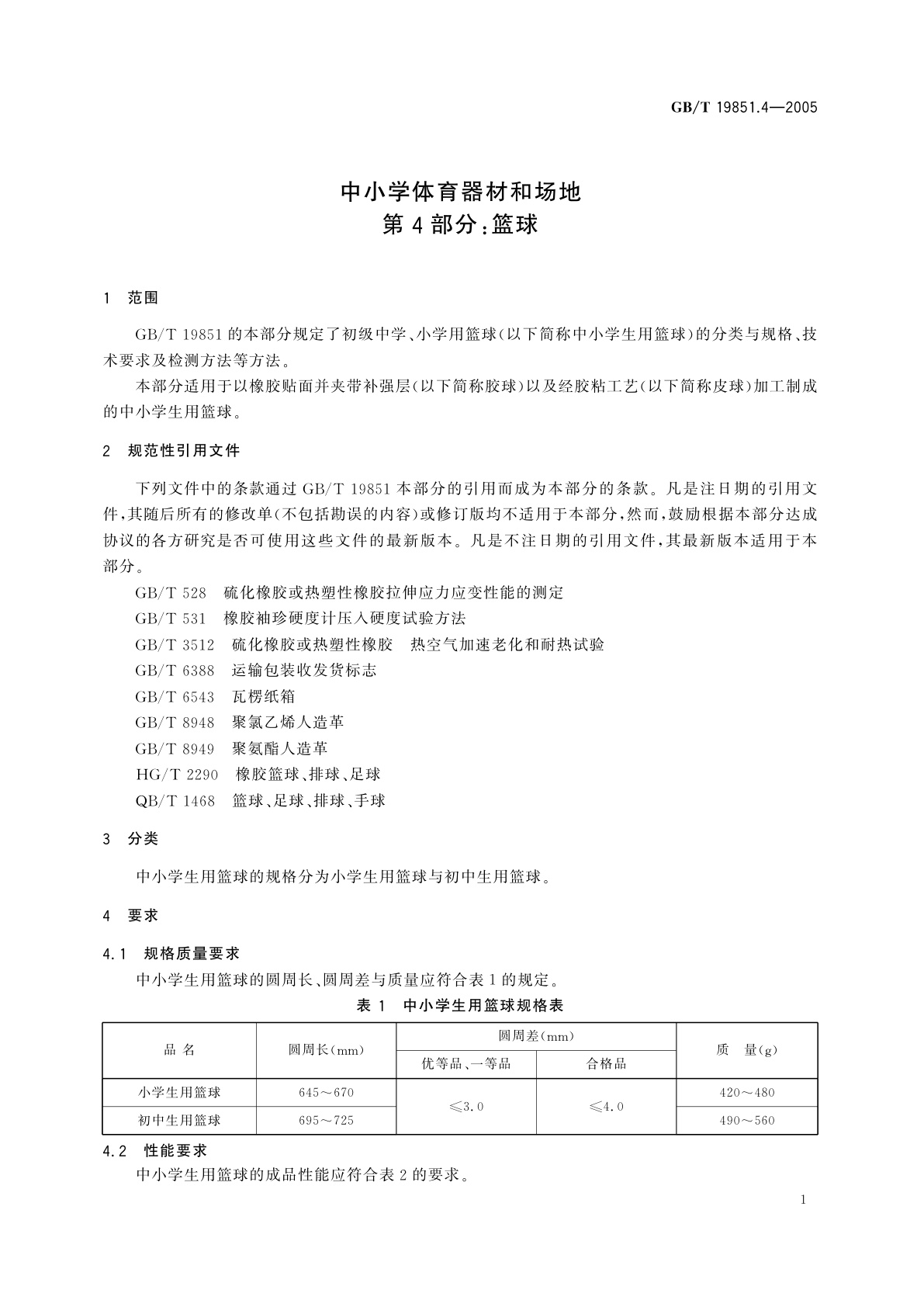 GB/T 19851.4-2005 中小学体育器材和场地　第4部分：篮球