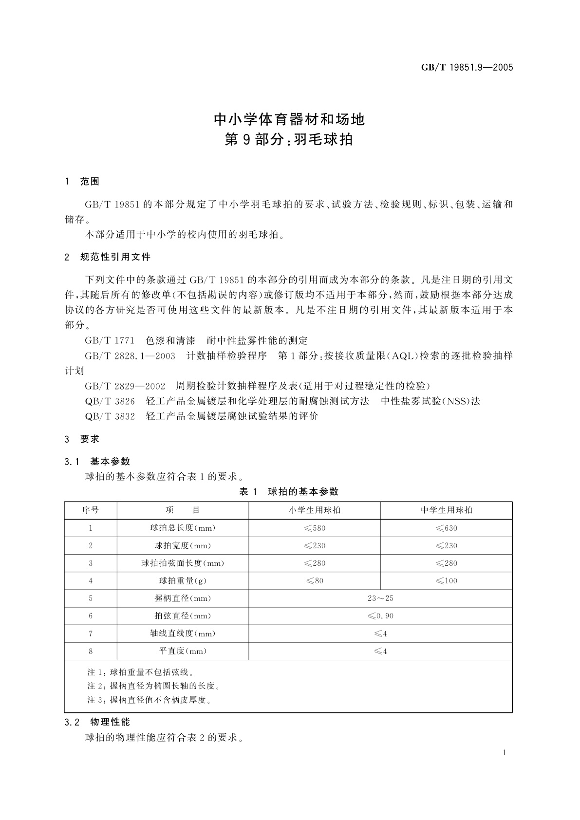 GB/T 19851.9-2005 中小学体育器材和场地　第9部分：羽毛球拍