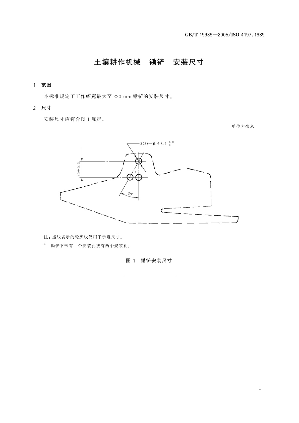 GB/T 19989-2005 土壤耕作机械　锄铲　安装尺寸