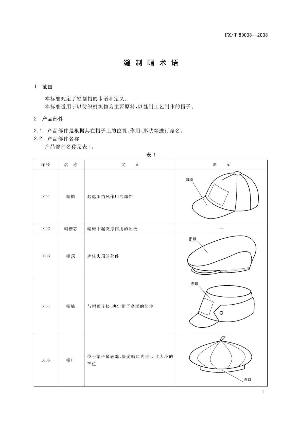 FZ/T 80008-2008 缝制帽术语