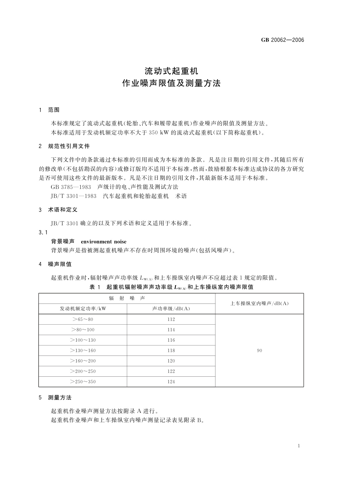 GB/T 20062-2006 流动式起重机　作业噪声限值及测量方法
