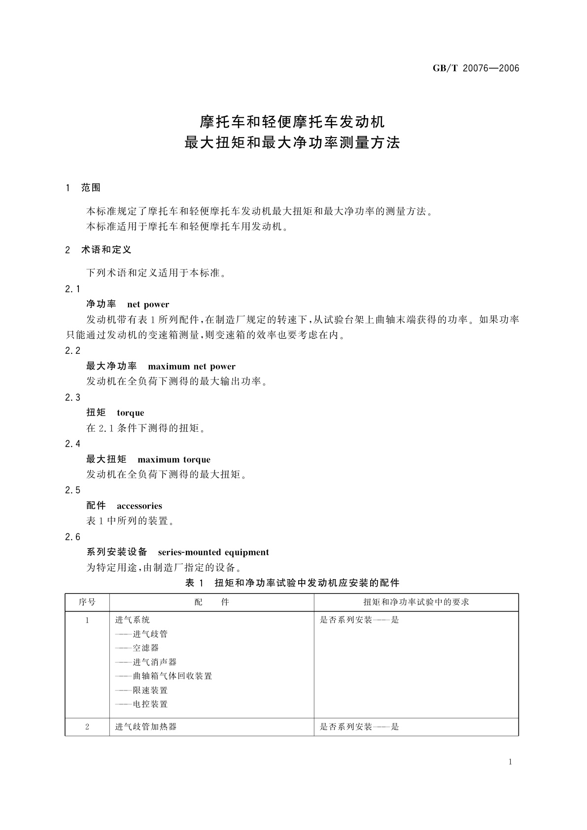 GB/T 20076-2006 摩托车和轻便摩托车发动机最大扭矩和最大净功率测量方法
