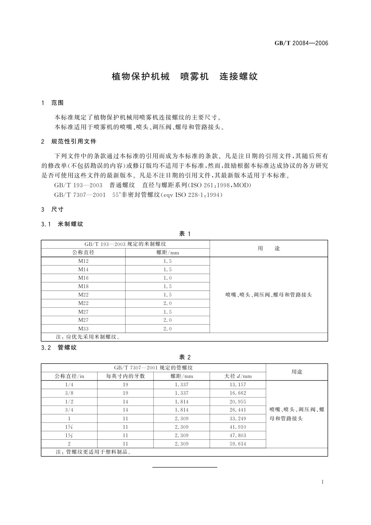 GB/T 20084-2006 植物保护机械　喷雾机　连接螺纹