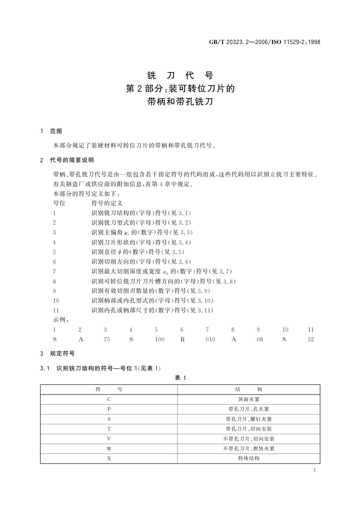 GB/T 20323.2-2006 铣刀代号　第2部分：装可转位刀片的带柄和带孔铣刀