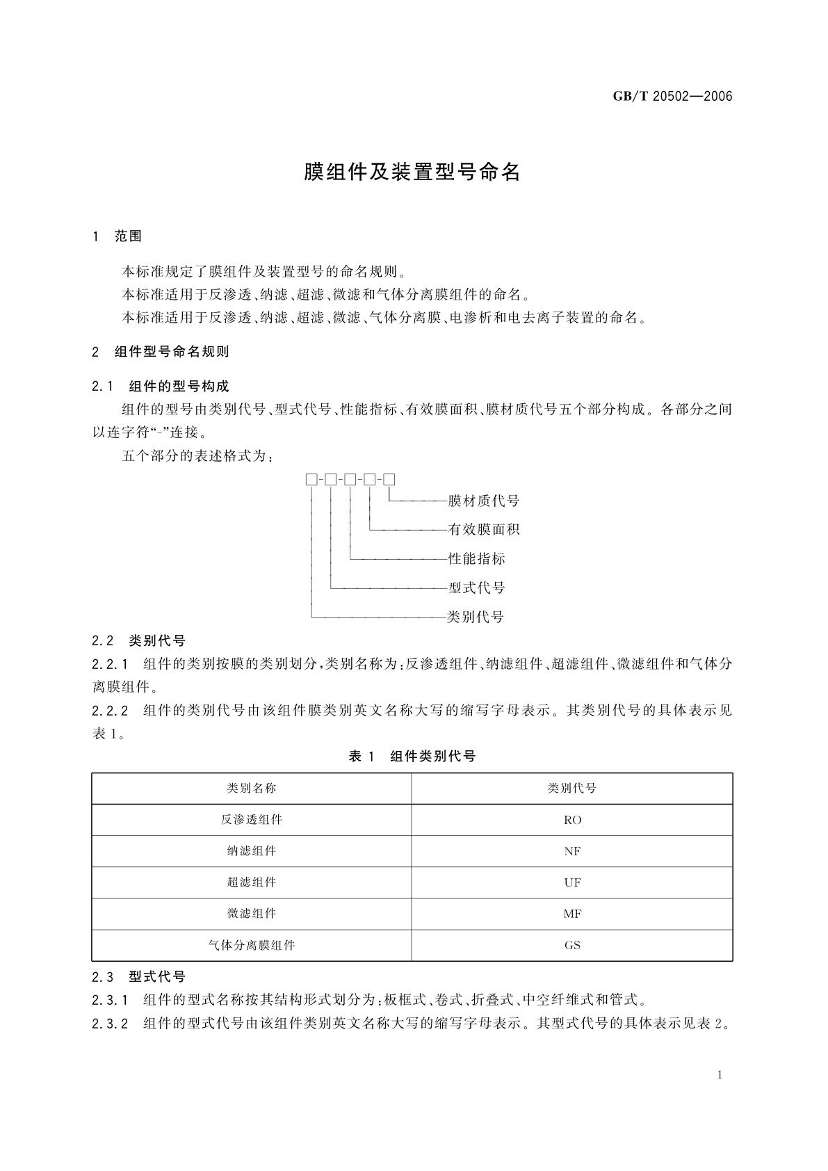 GB/T 20502-2006 膜组件及装置型号命名