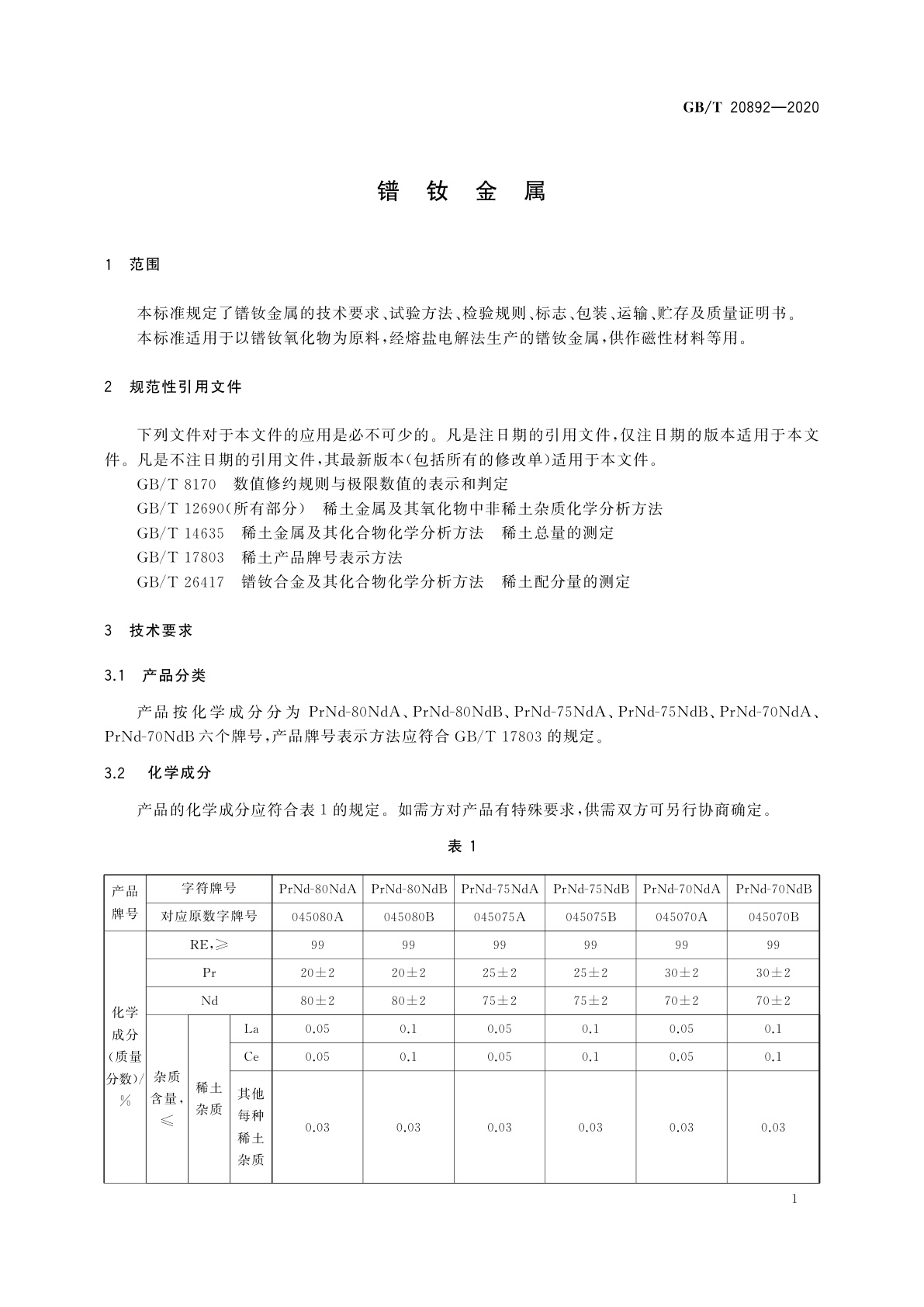 GB/T 20892-2020 镨钕金属