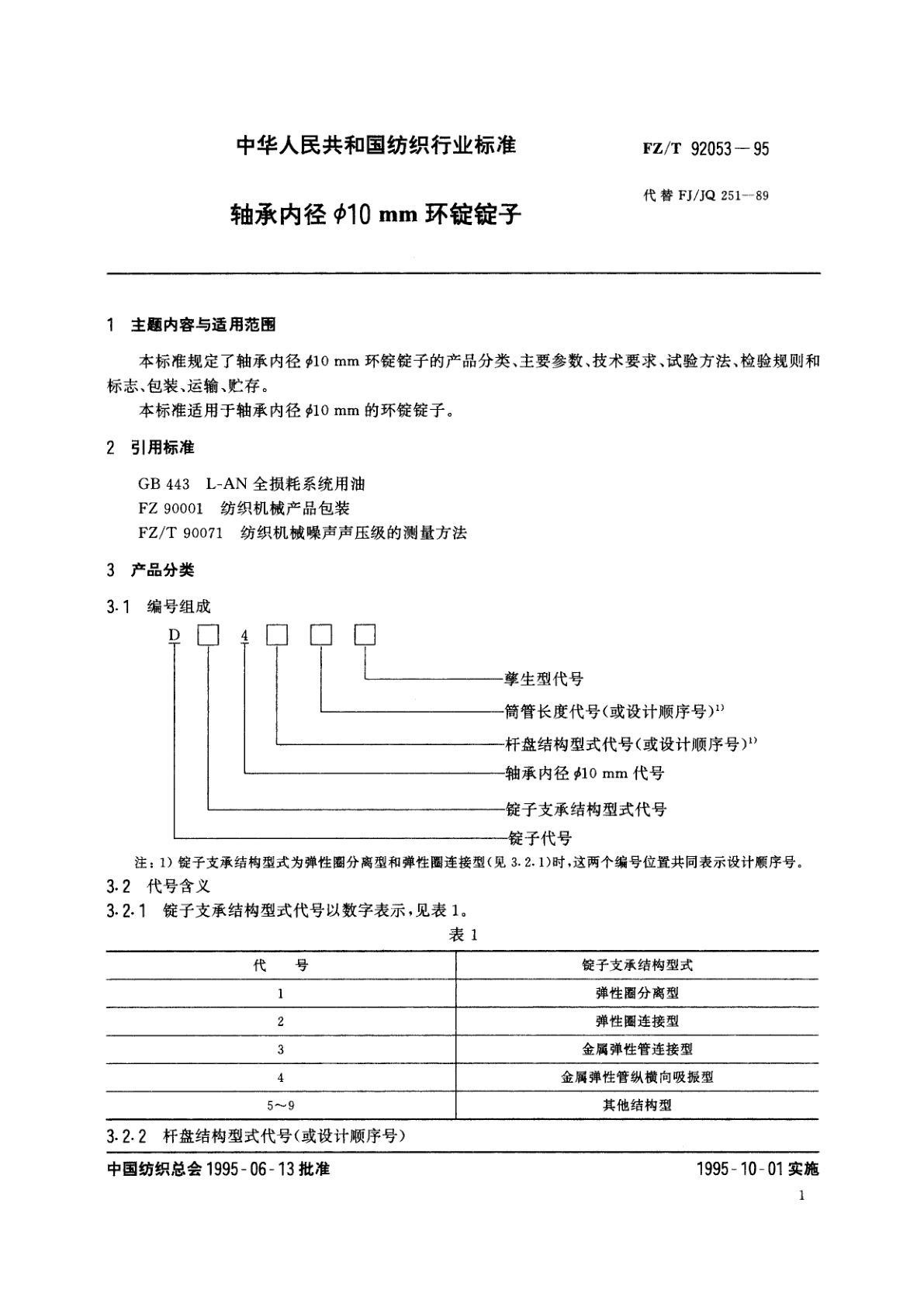 FZ/T 92053-1995 轴承内径Φ10mm环锭锭子