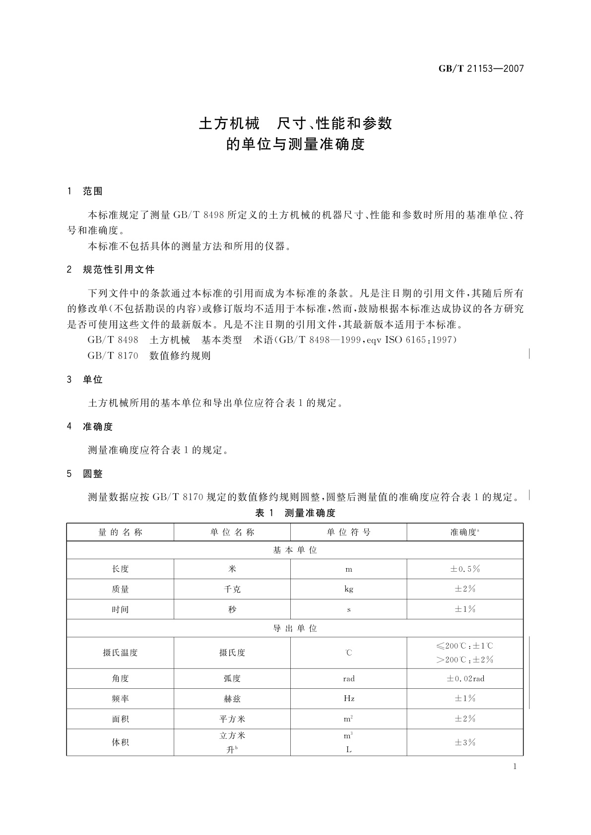 GB/T 21153-2007 土方机械　尺寸、性能和参数的单位与测量准确度
