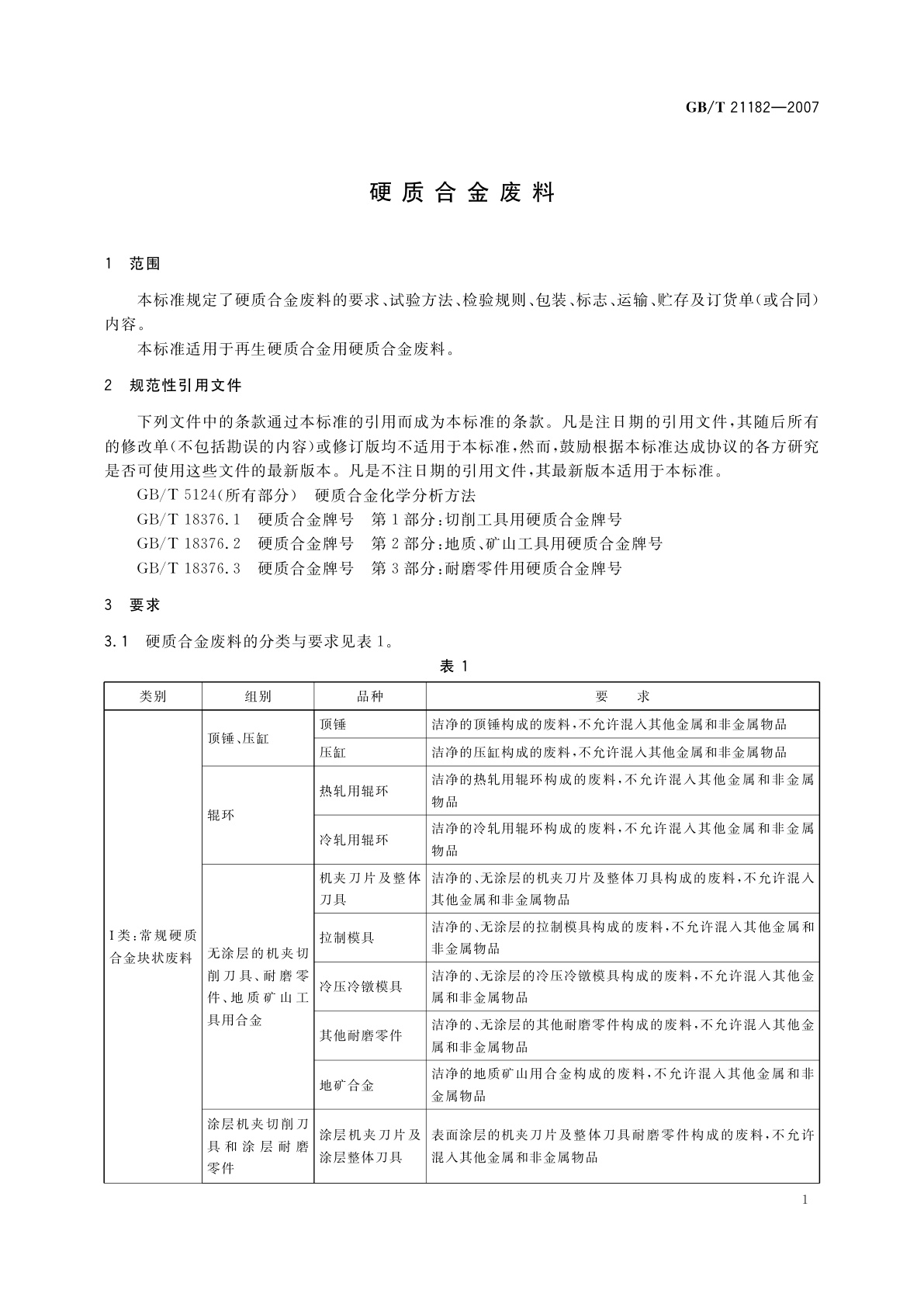 GB/T 21182-2007 硬质合金废料