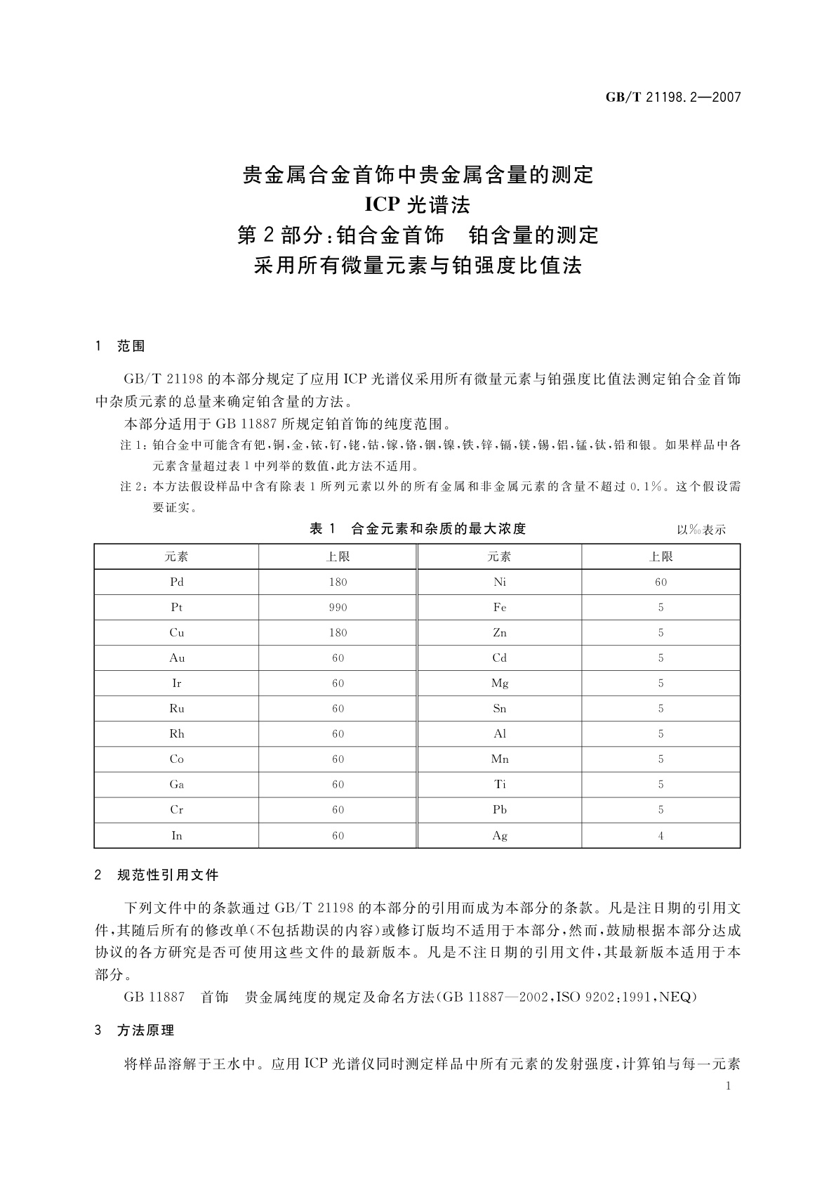 GB/T 21198.2-2007 贵金属合金首饰中贵金属含量的测定　ICP光谱法　第2部分：铂合金首饰　铂含量的测定　采用所有微量元素与铂强度比值法