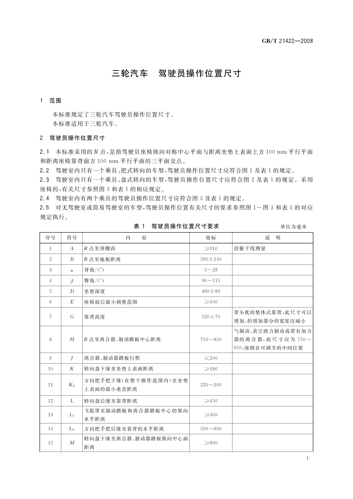 GB/T 21422-2008 三轮汽车　驾驶员操作位置尺寸