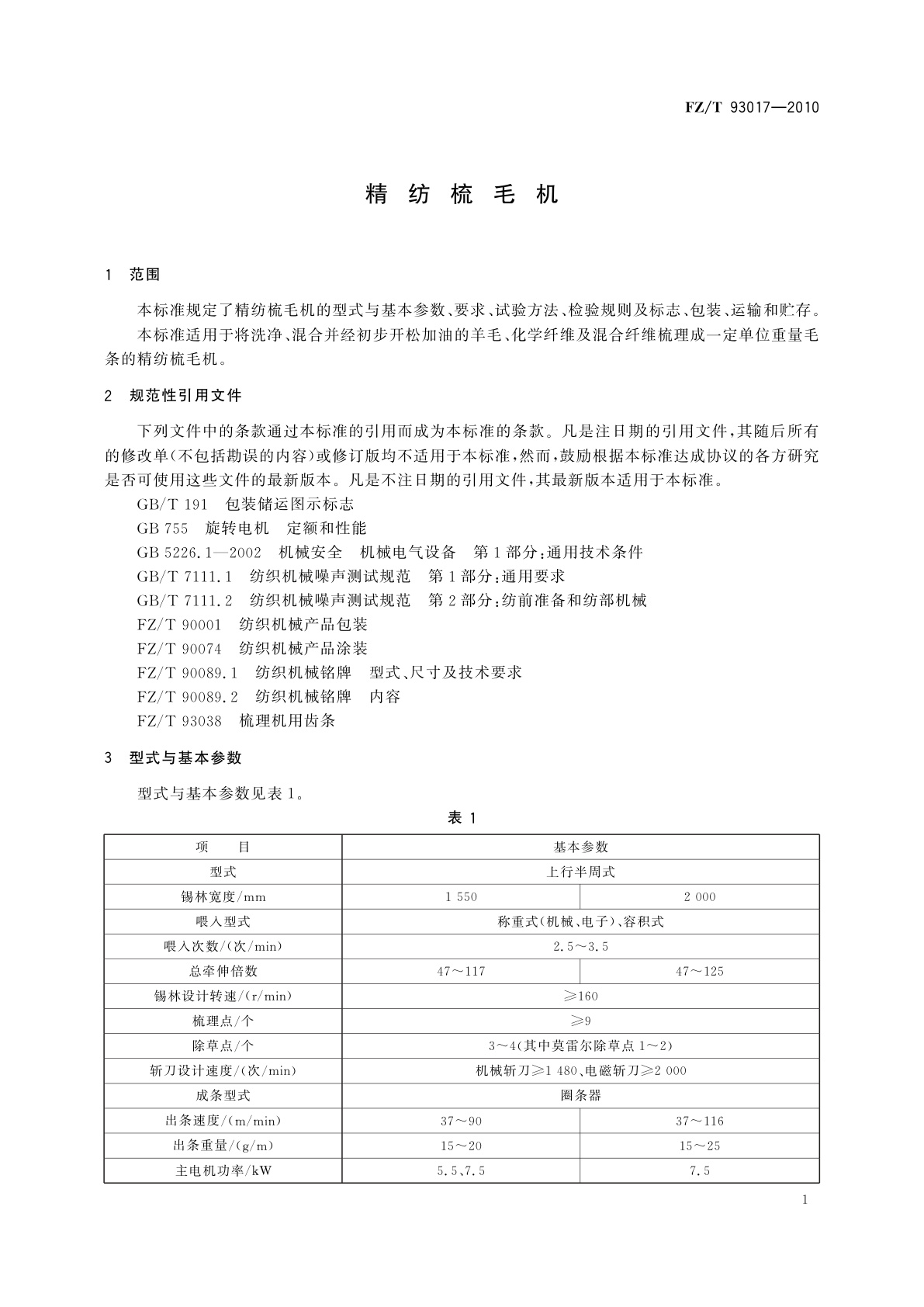 FZ/T 93017-2010 精纺梳毛机