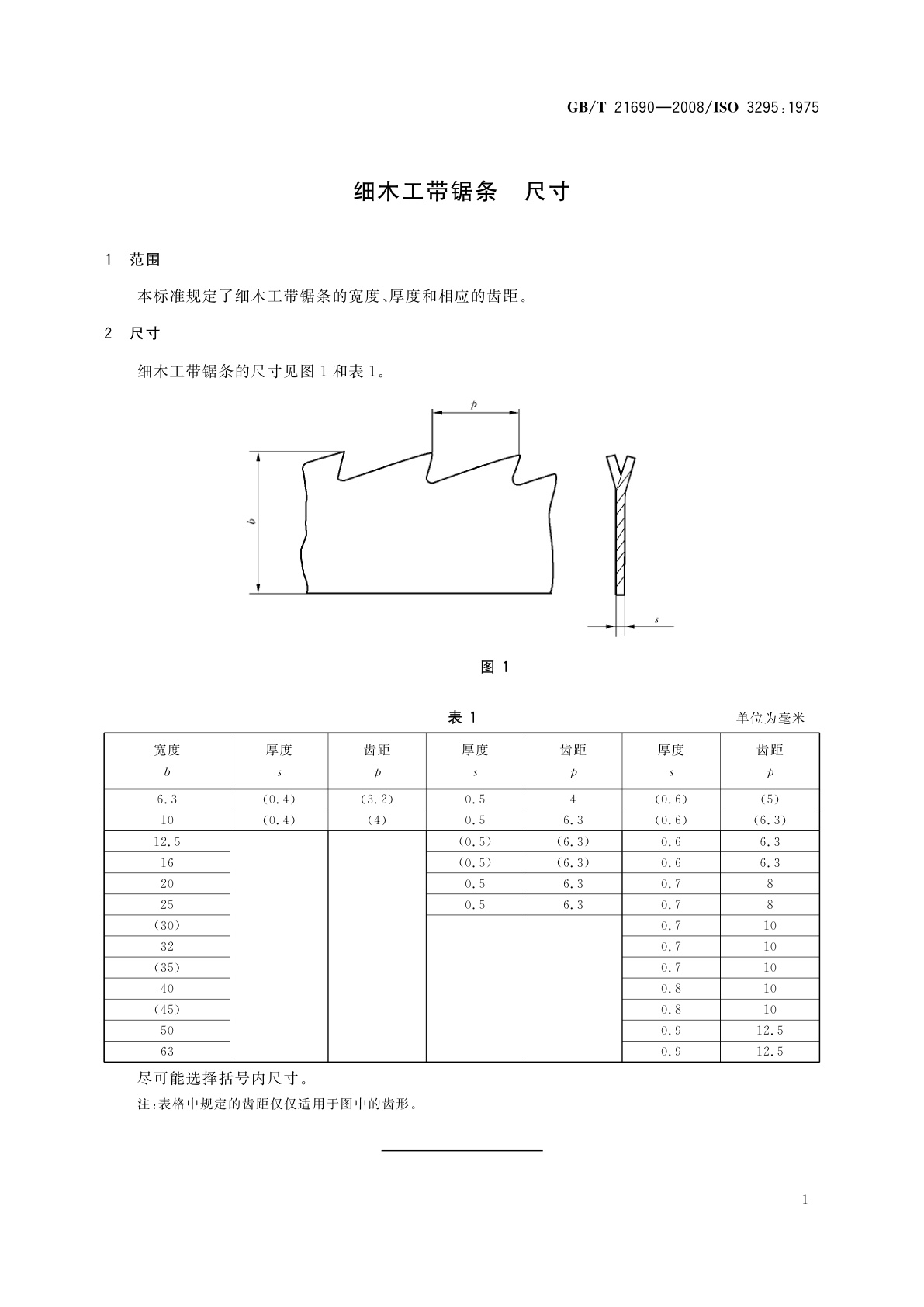 GB/T 21690-2008 细木工带锯条　尺寸