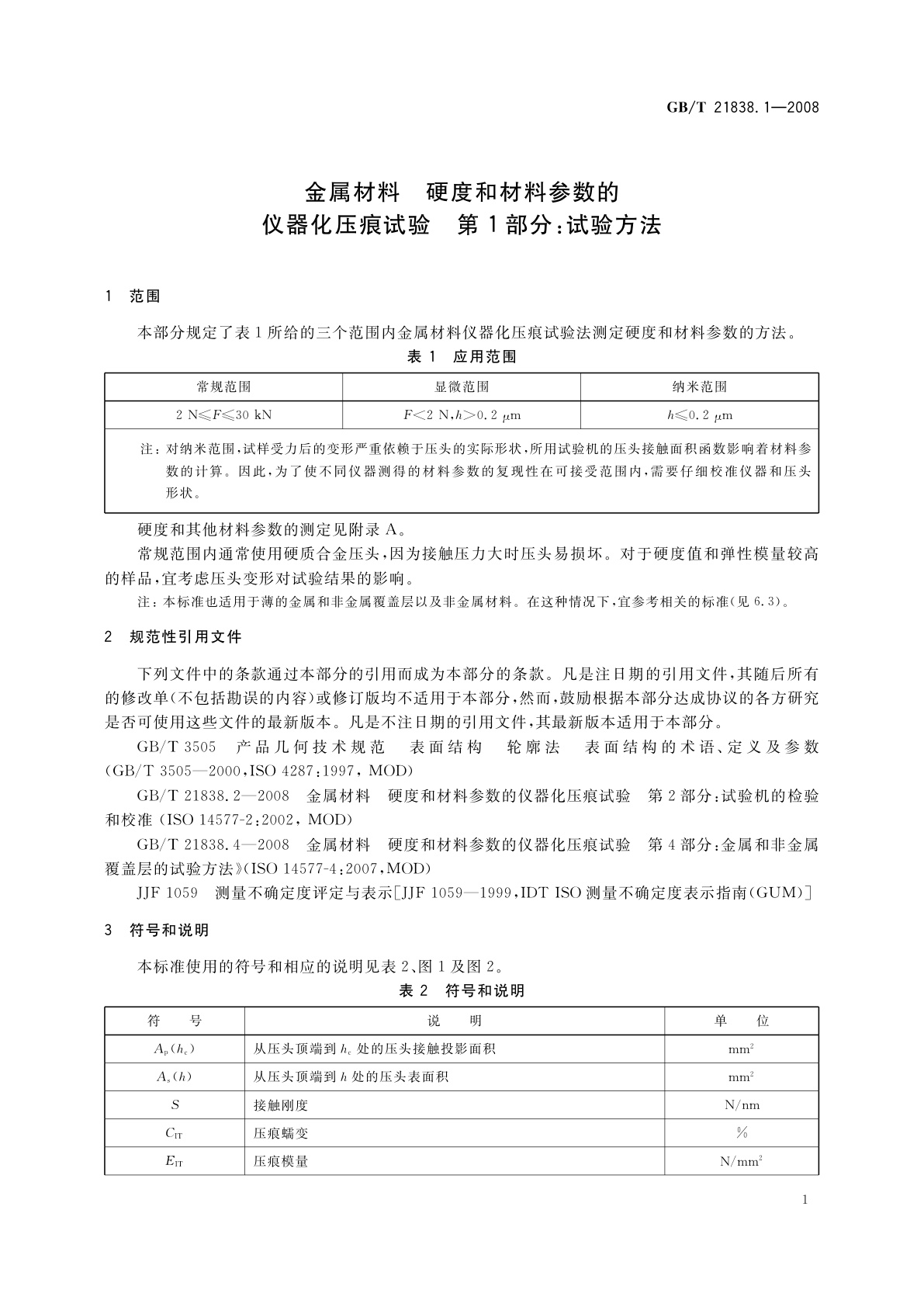 GB/T 21838.1-2008 金属材料　硬度和材料参数的仪器化压痕试验　第1部分：试验方法
