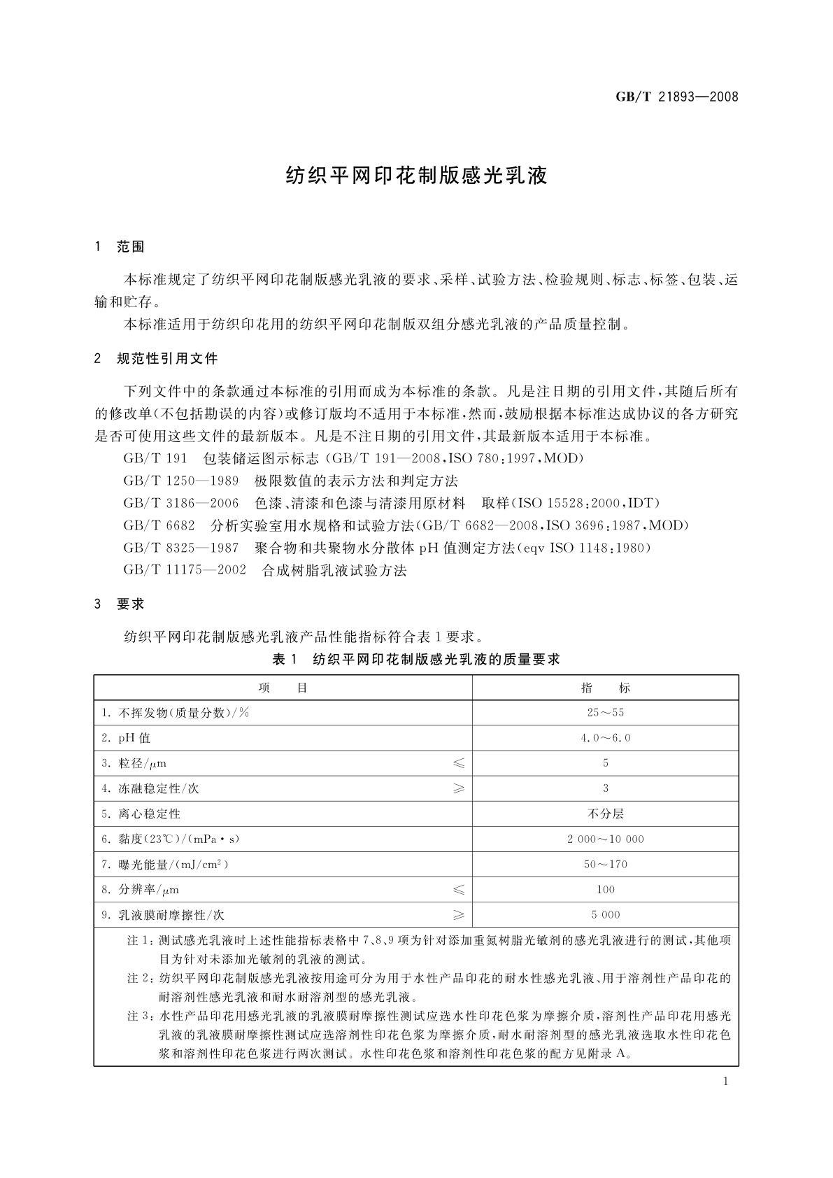 GB/T 21893-2008 纺织平网印花制版感光乳液