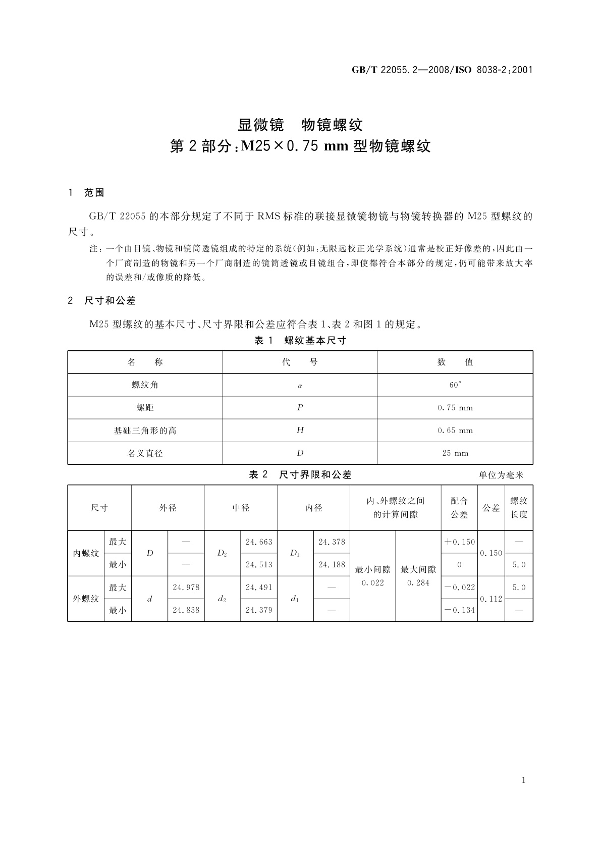GB/T 22055.2-2008 显微镜　物镜螺纹　第2部分：M25×0.75mm型物镜螺纹