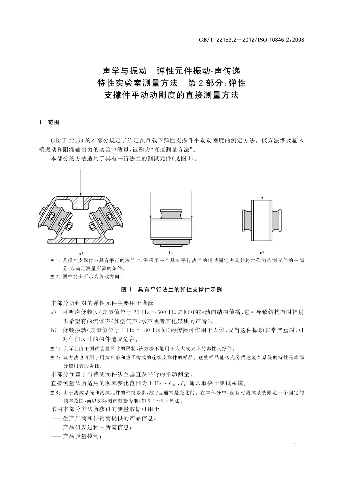 GB/T 22159.2-2012 声学与振动　弹性元件振动-声传递特性实验室测量方法　第2部分：弹性支撑件平动动刚度的直接测量方法