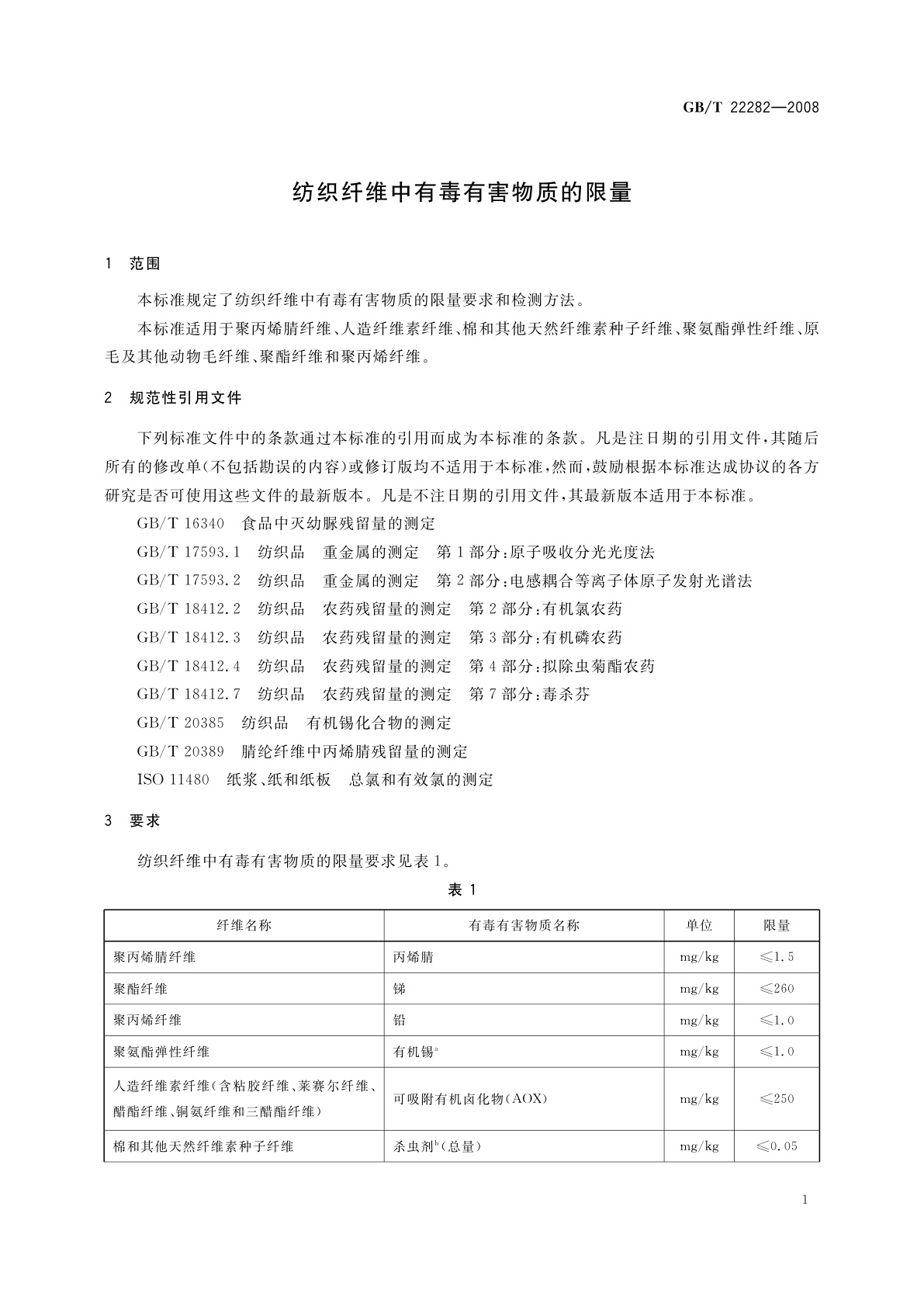 GB/T 22282-2008 纺织纤维中有毒有害物质的限量