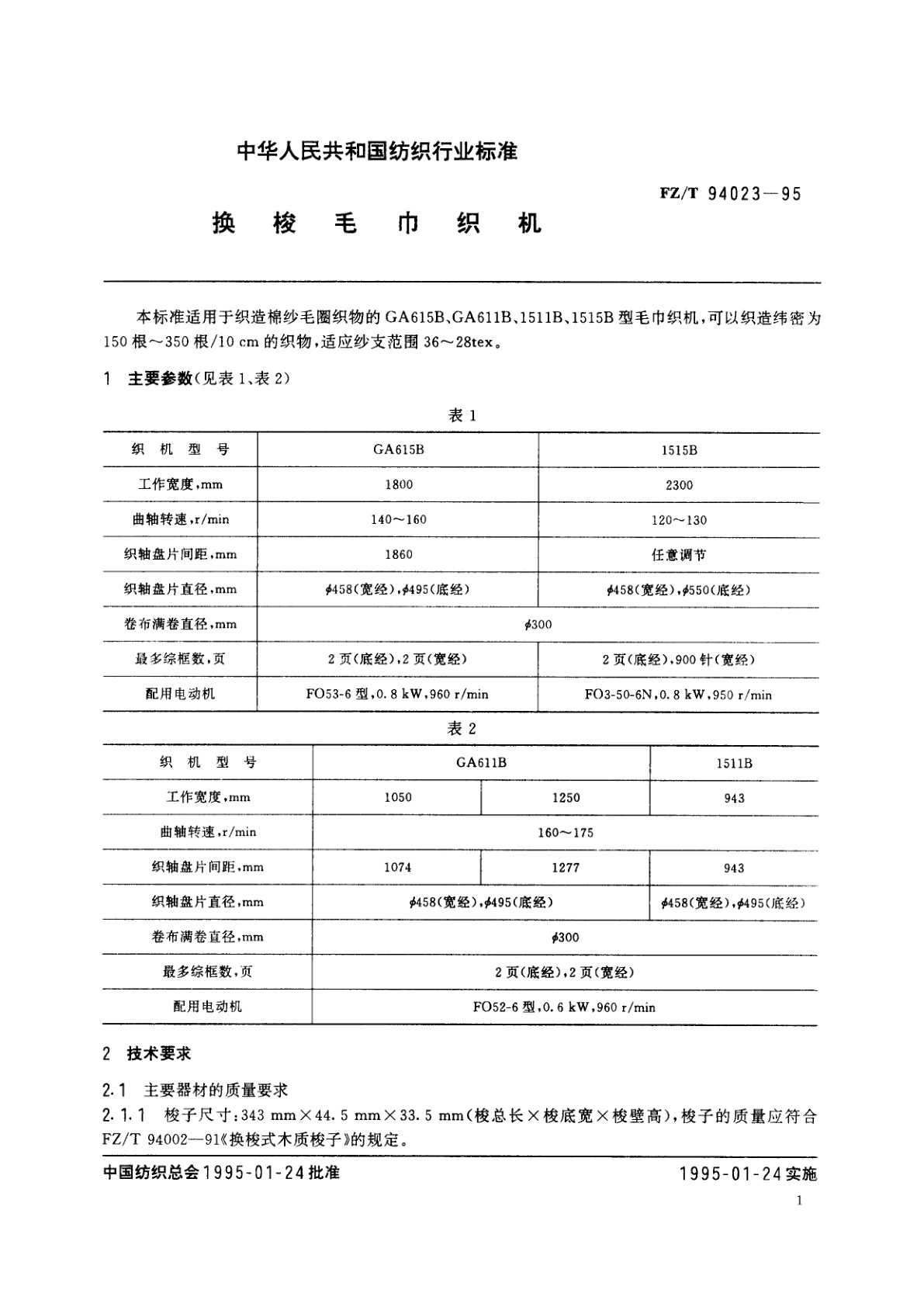 FZ/T 94023-1995 换梭毛巾织机