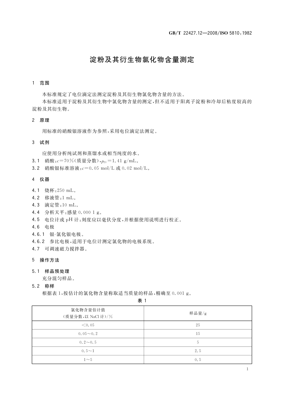GB/T 22427.12-2008 淀粉及其衍生物氯化物含量测定