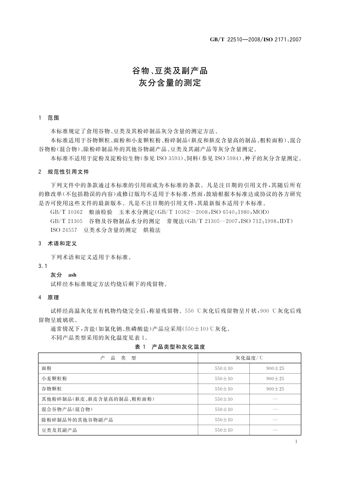 GB/T 22510-2008 谷物、豆类及副产品　灰分含量的测定