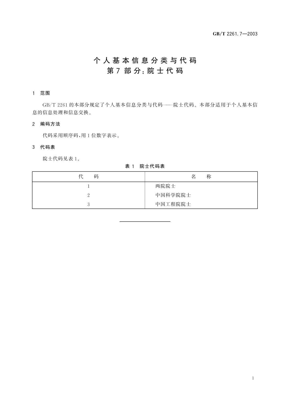 GB/T 2261.7-2003 个人基本信息分类与代码　第7部分：院士代码