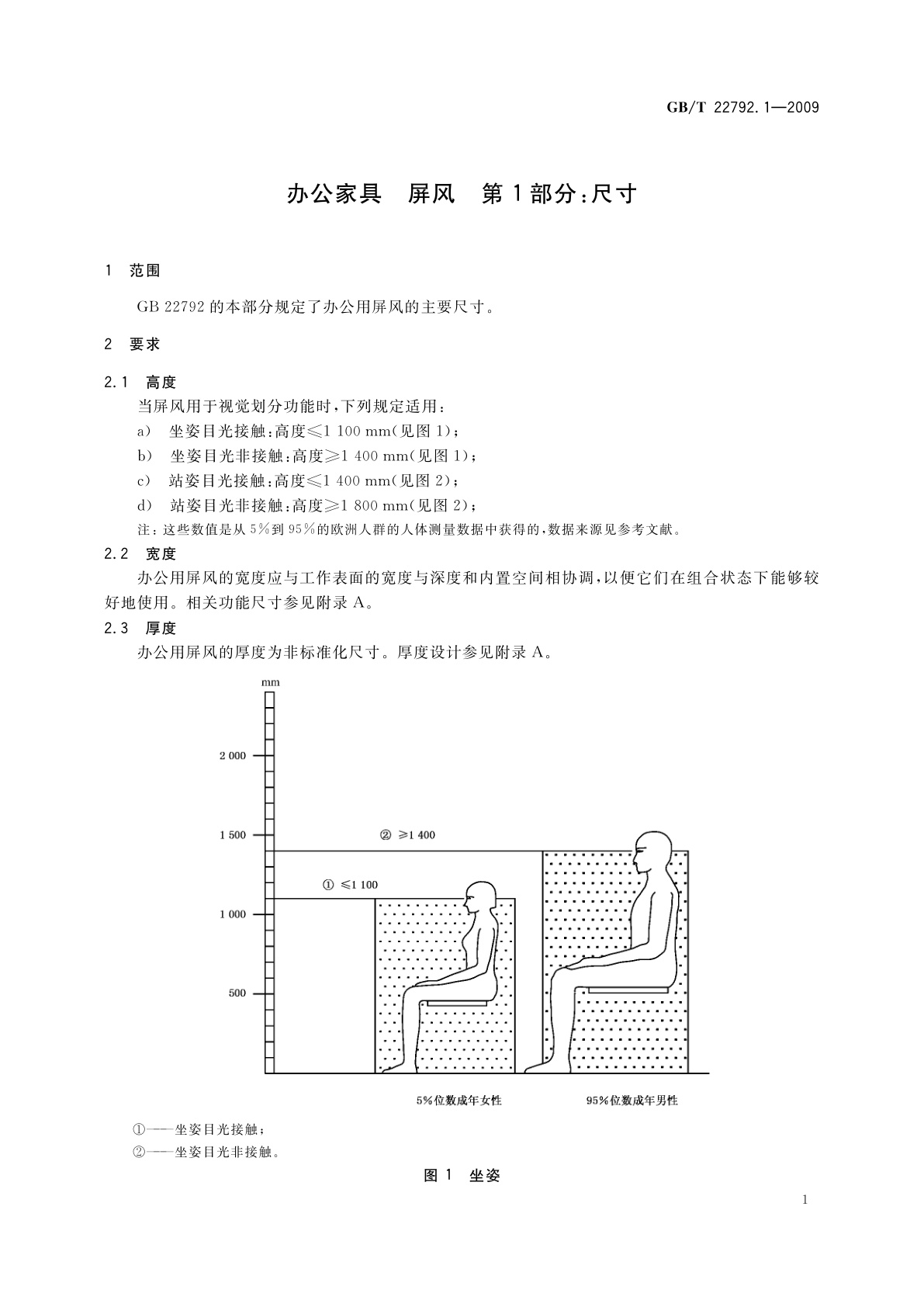 GB/T 22792.1-2009 办公家具　屏风　第1部分：尺寸