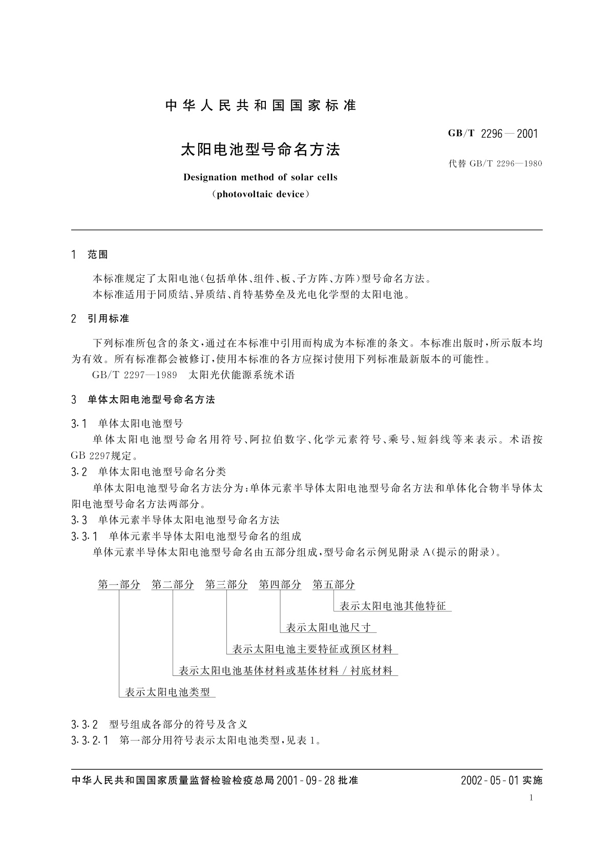 GB/T 2296-2001 太阳电池型号命名方法