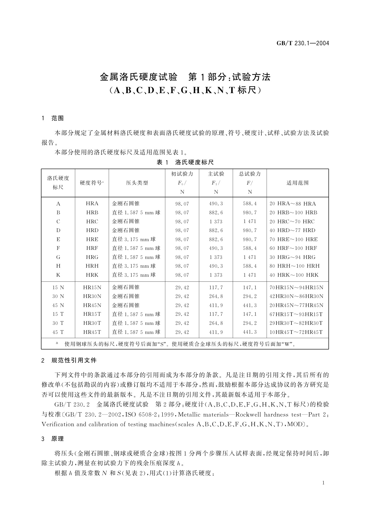 GB/T 230.1-2004 金属洛氏硬度试验　第1部分：试验方法(A、B、C、D、E、F、G、H、K、N、T标尺)