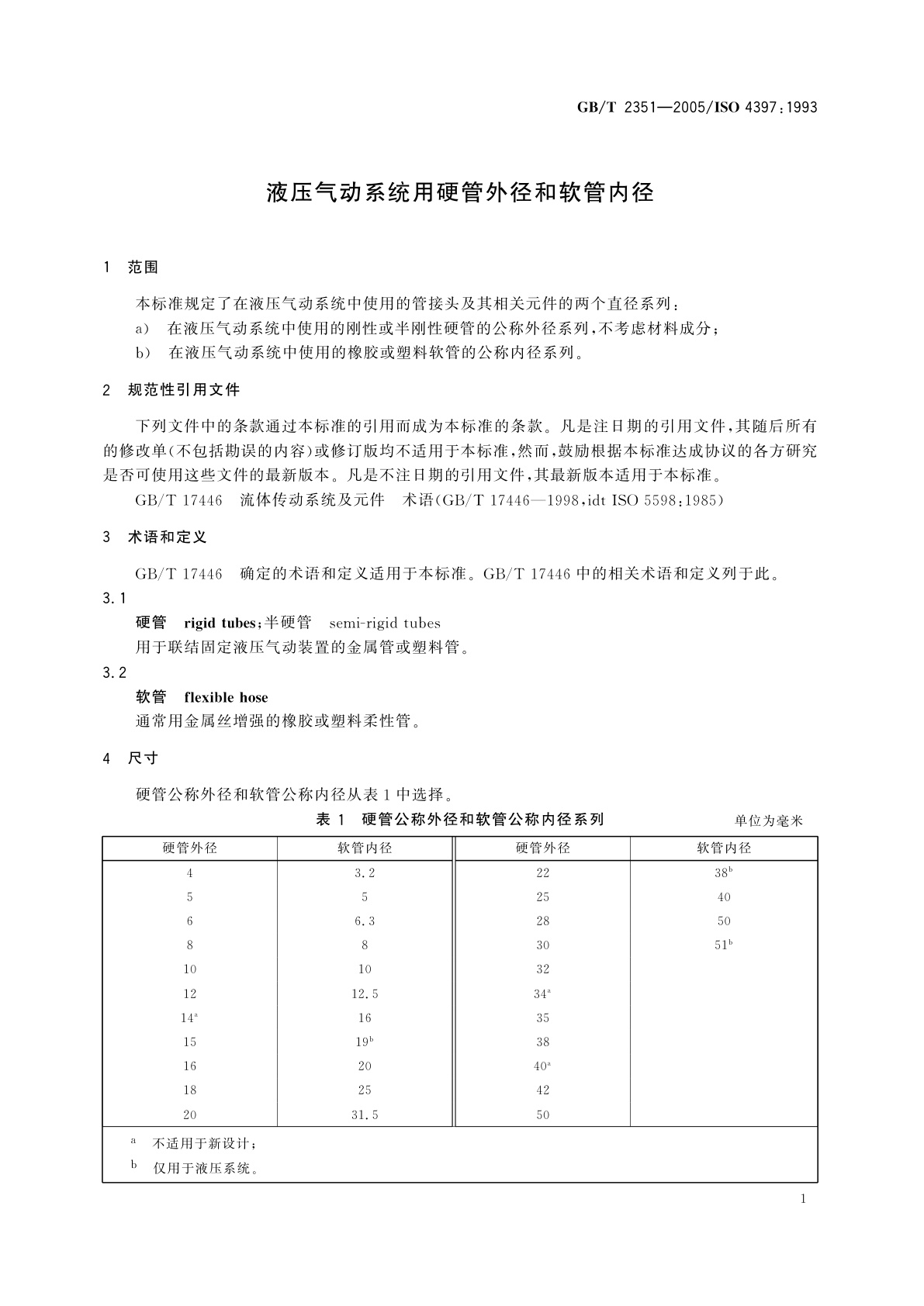 GB/T 2351-2005 液压气动系统用硬管外径和软管内径