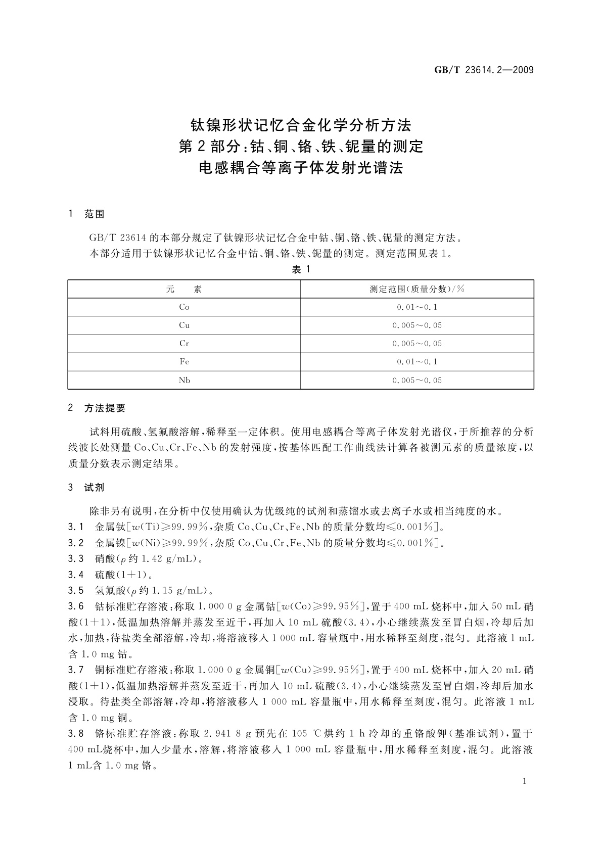 GB/T 23614.2-2009 钛镍形状记忆合金化学分析方法　第2部分：钴、铜、铬、铁、铌量的测定　电感耦合等离子体发射光谱法