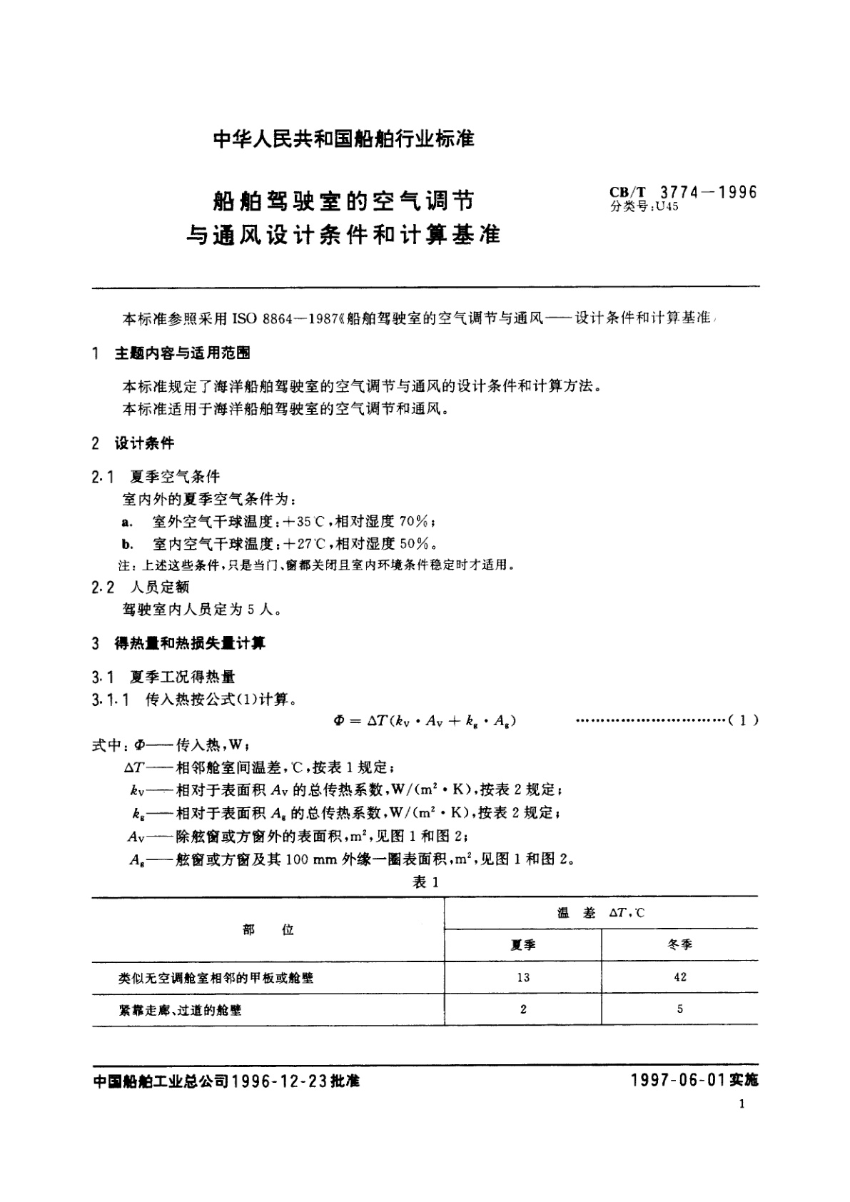 CB/T 3774-1996 船舶驾驶室的空气调节与通风设计条件和计算基准
