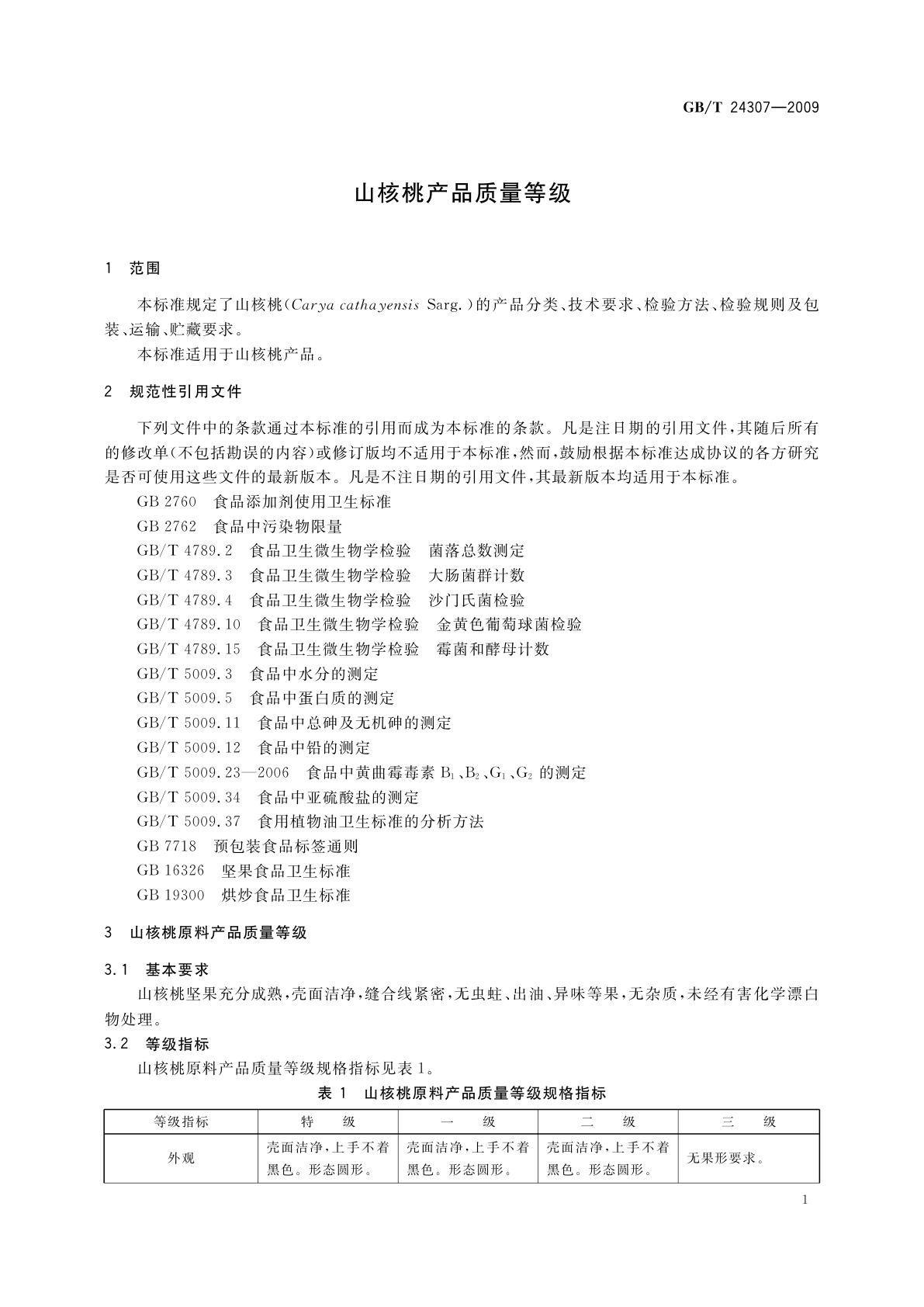 GB/T 24307-2009 山核桃产品质量等级