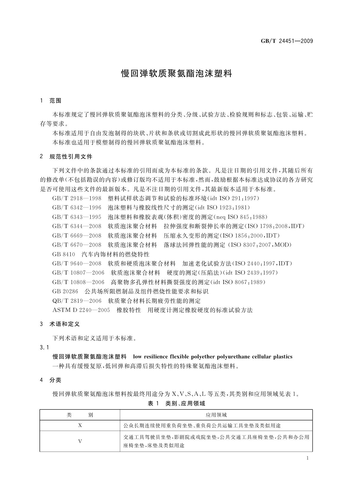 GB/T 24451-2009 慢回弹软质聚氨酯泡沫塑料
