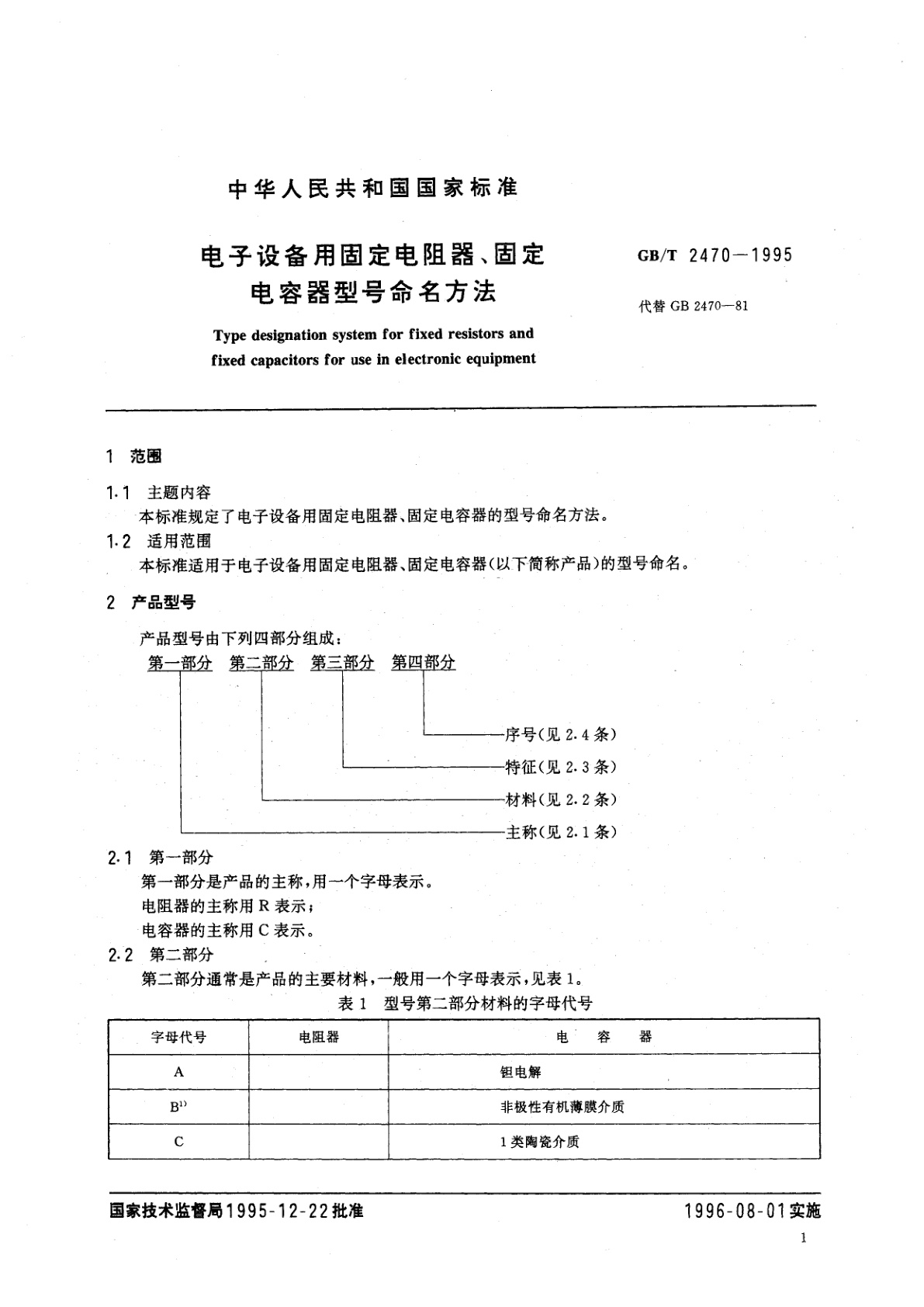 GB/T 2470-1995 电子设备用固定电阻器、固定电容器型号命名方法